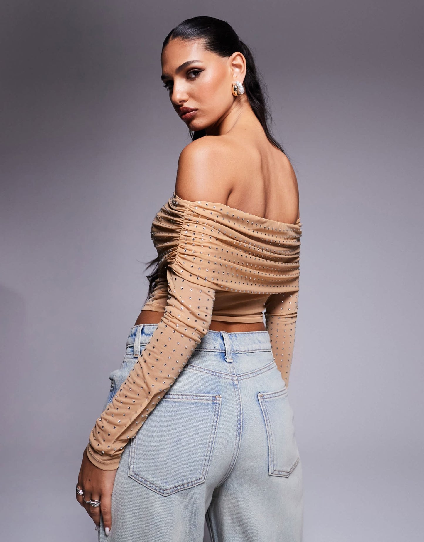 ASOS DESIGN hotfix off shoulder long sleeve top in stone - ASOS Sample Sale EU Store