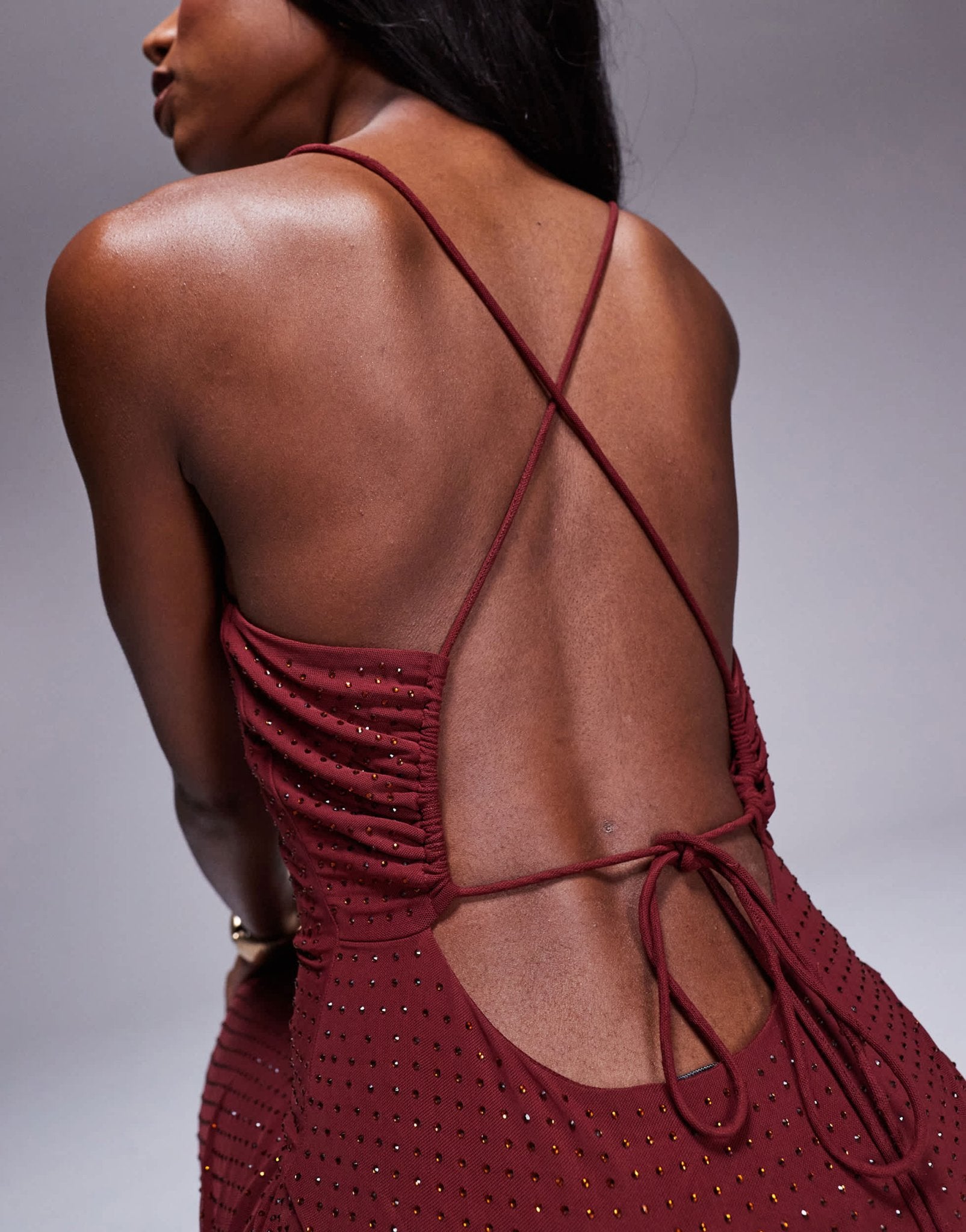 ASOS DESIGN hotfix sequin square neck maxi cami dress with back lace up detail in wine - ASOS Sample Sale EU Store