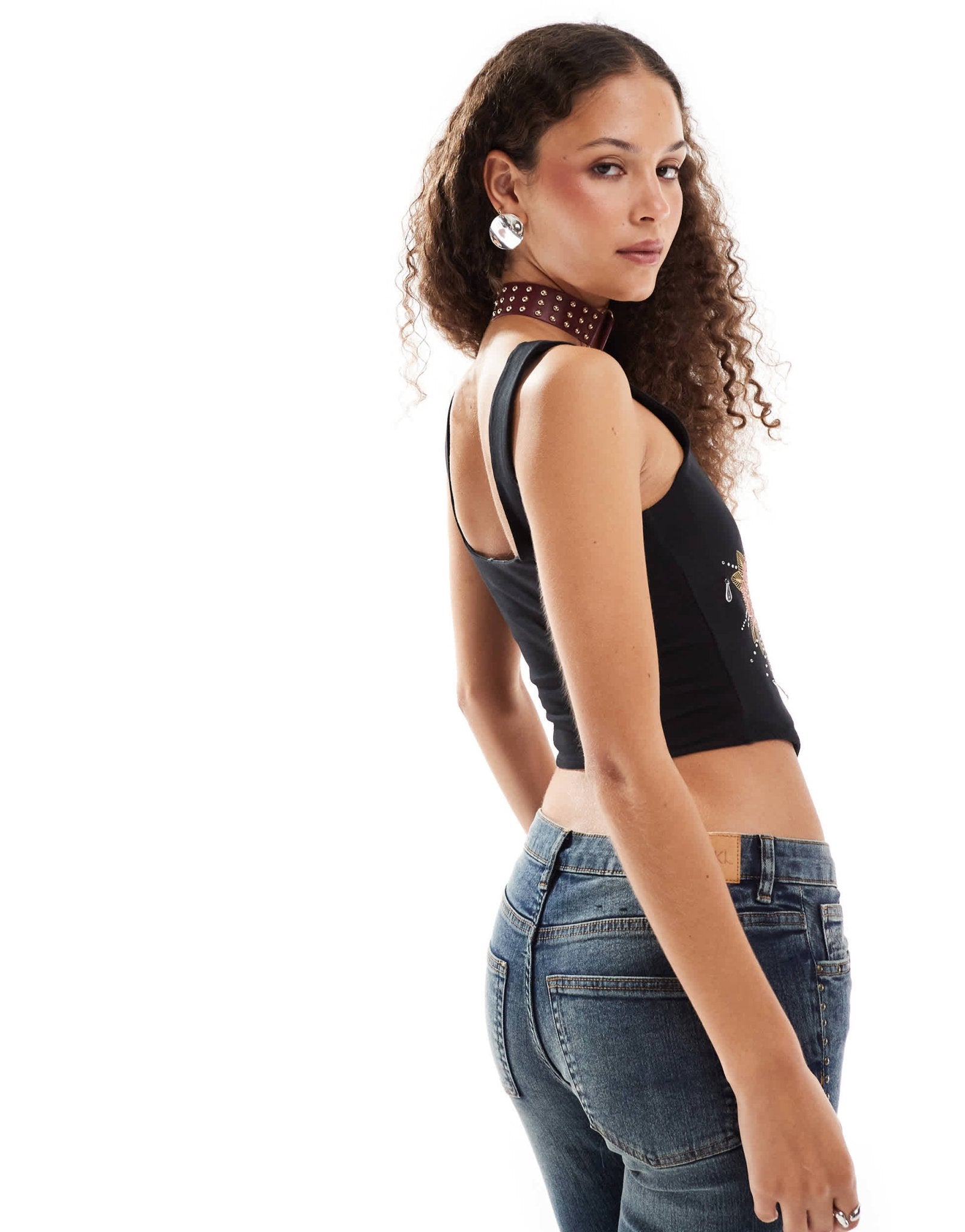 ASOS DESIGN indie graphic corset waist top with heavy embellishment in black - ASOS Sample Sale EU Store