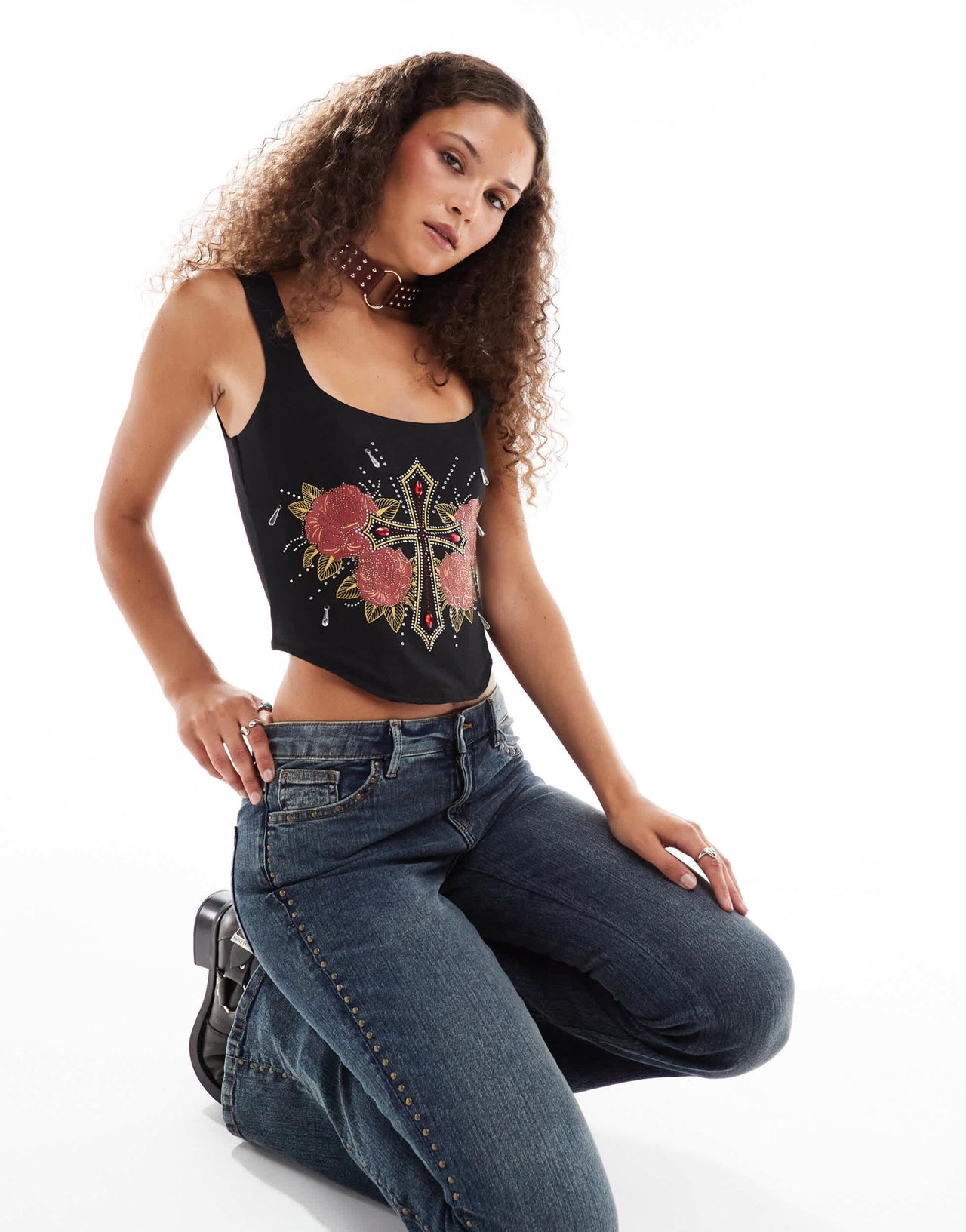 ASOS DESIGN indie graphic corset waist top with heavy embellishment in black - ASOS Sample Sale EU Store