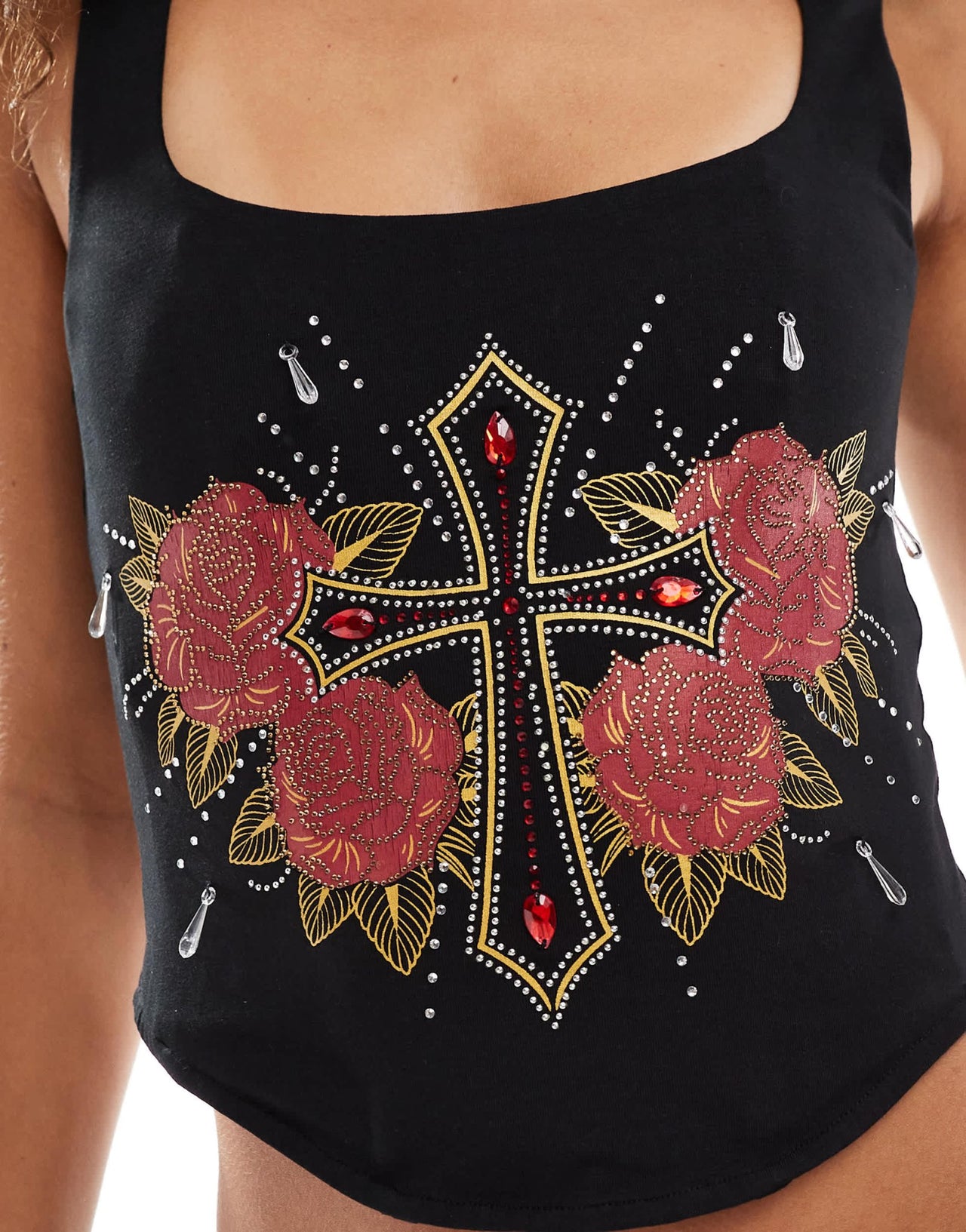ASOS DESIGN indie graphic corset waist top with heavy embellishment in black - ASOS Sample Sale EU Store
