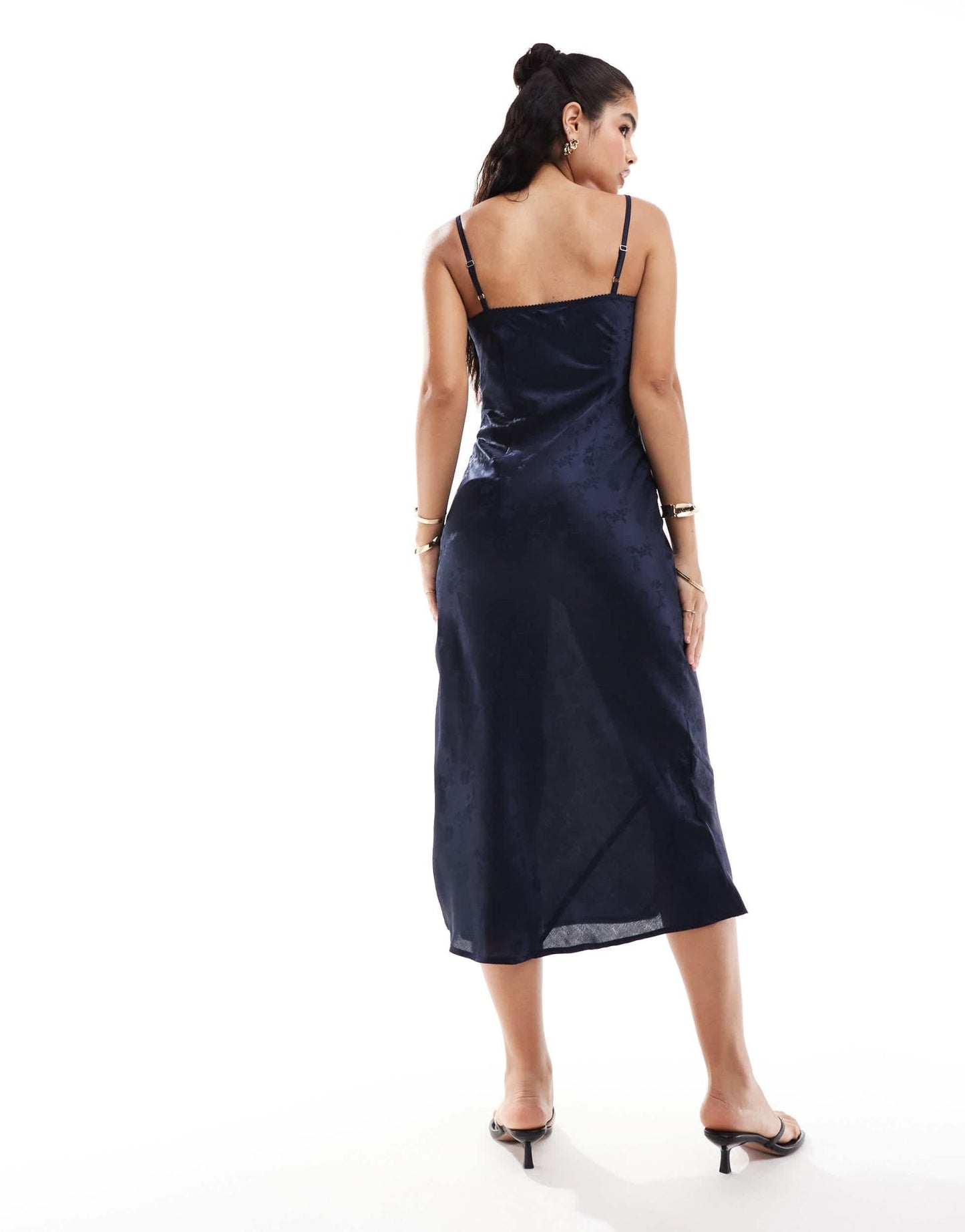 ASOS DESIGN jacquard bra detail ruched bust cami midi slip dress in navy - ASOS Sample Sale EU Store