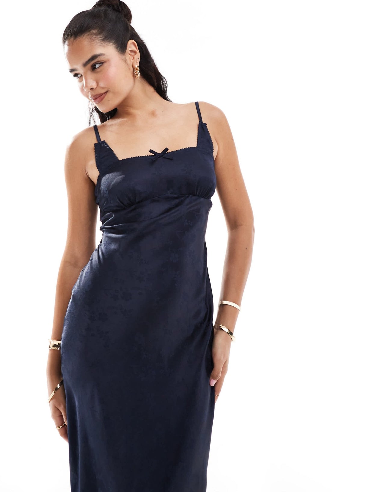 ASOS DESIGN jacquard bra detail ruched bust cami midi slip dress in navy - ASOS Sample Sale EU Store