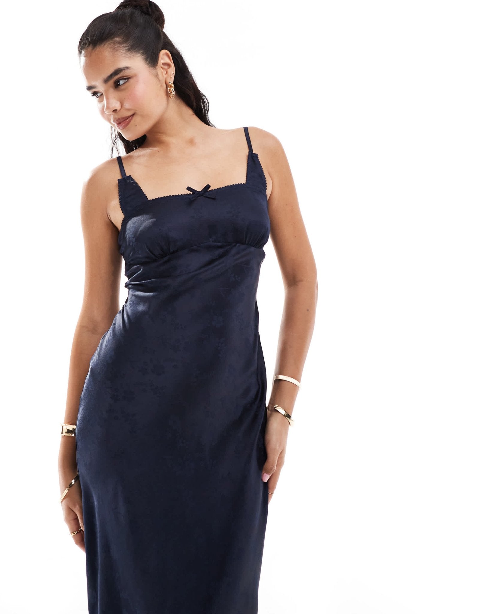 ASOS DESIGN jacquard bra detail ruched bust cami midi slip dress in navy - ASOS Sample Sale EU Store