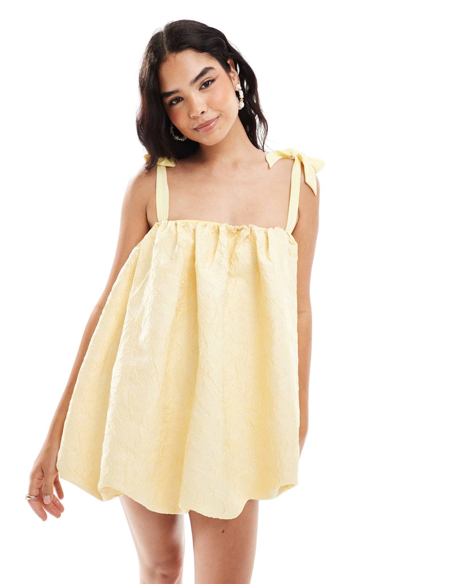 ASOS DESIGN jacquard cold shoulder tie strap bubble mini dress in lemon yellow - ASOS Sample Sale EU Store