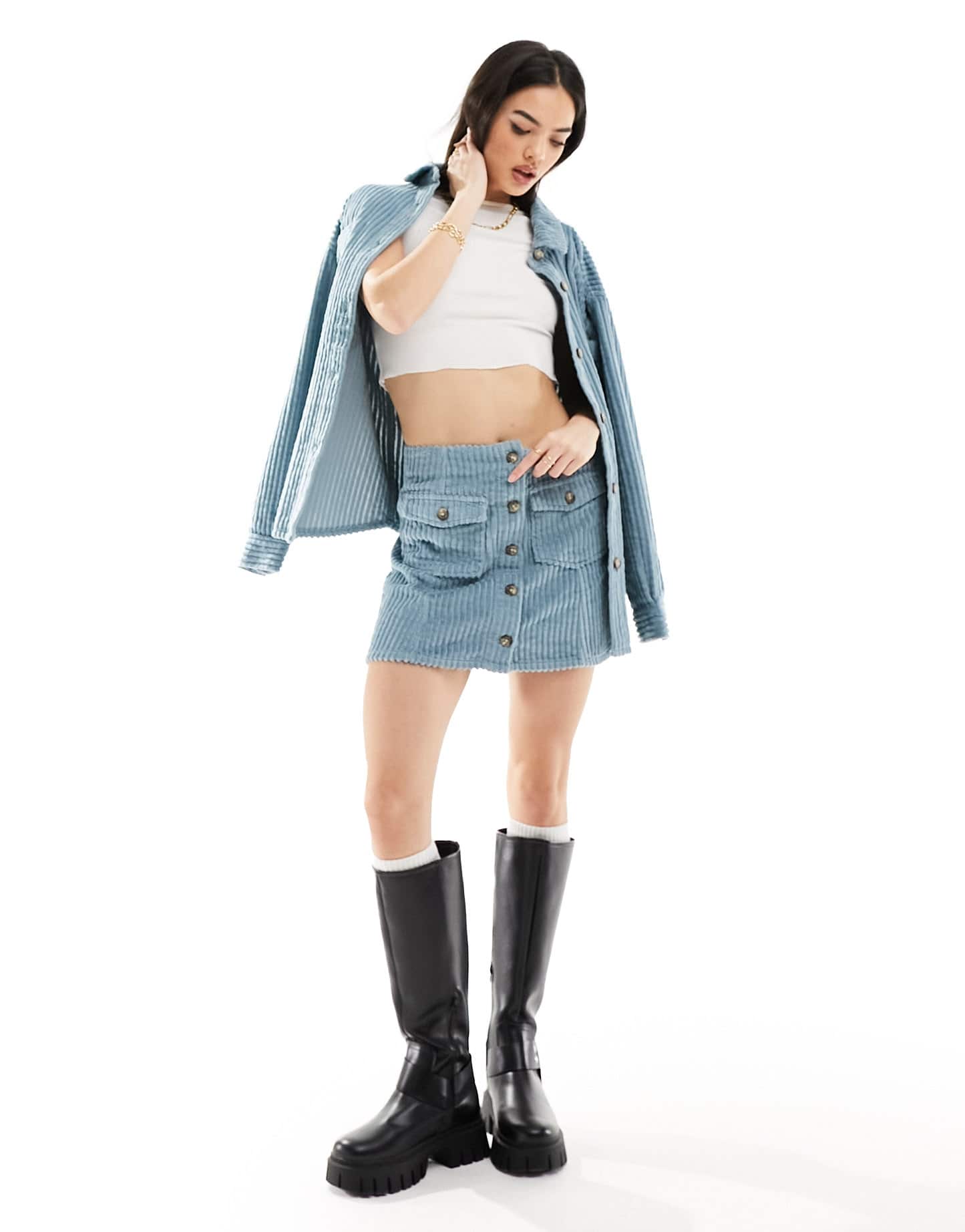 ASOS DESIGN jumbo cord button through mini skirt in blue - ASOS Sample Sale EU Store