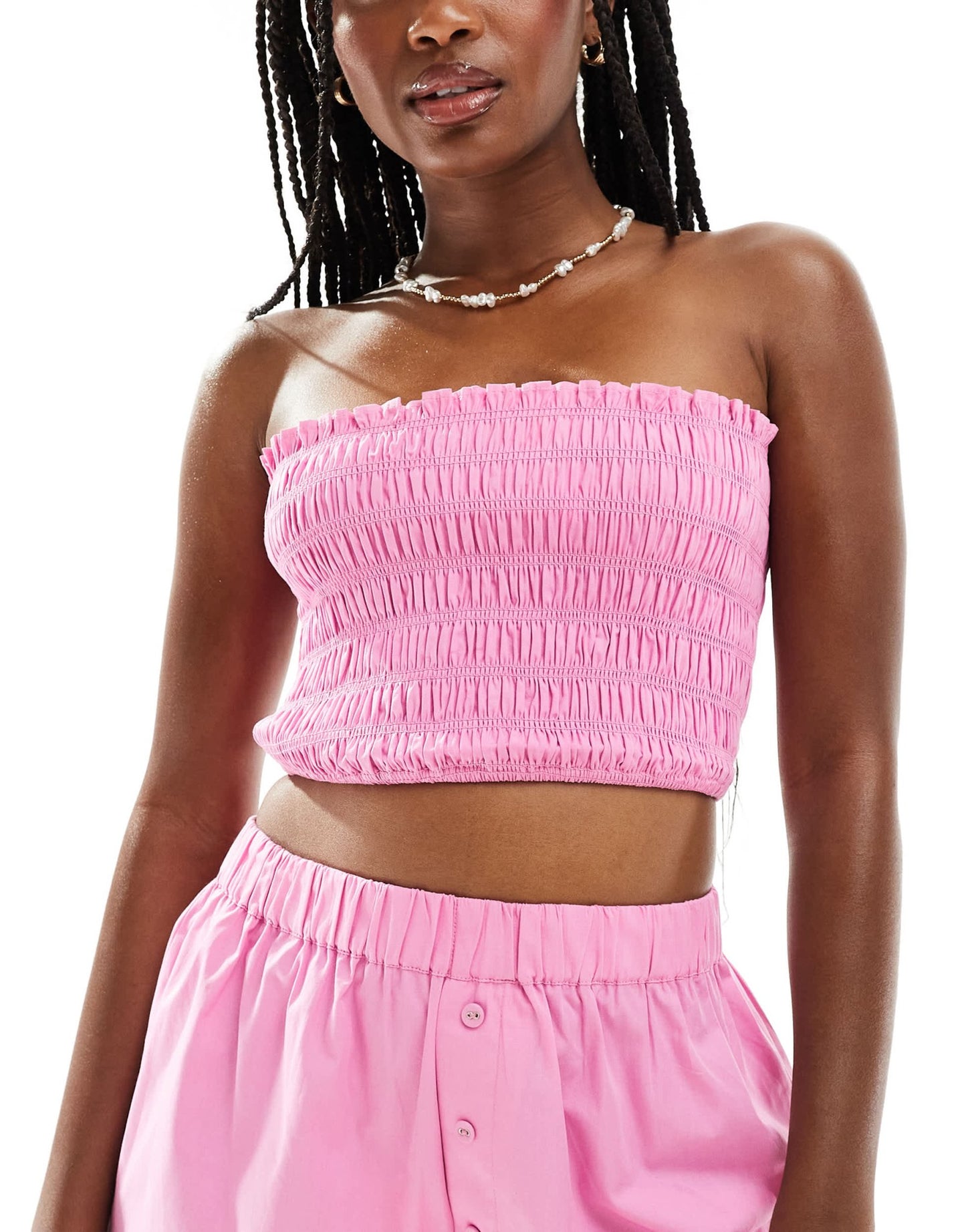 ASOS DESIGN Kaye cotton shirred bandeau beach top in bright pink - ASOS Sample Sale EU Store