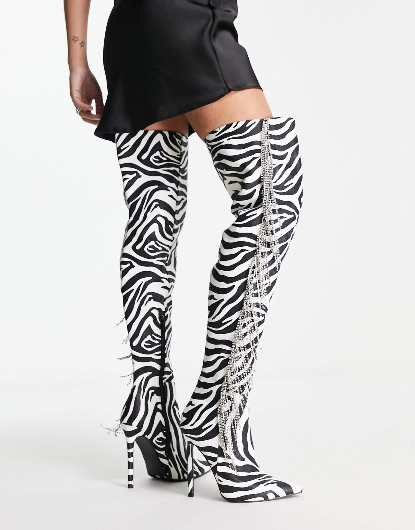 ASOS DESIGN Kim embellished heeled over the knee boots in zebra - ASOS Sample Sale EU Store