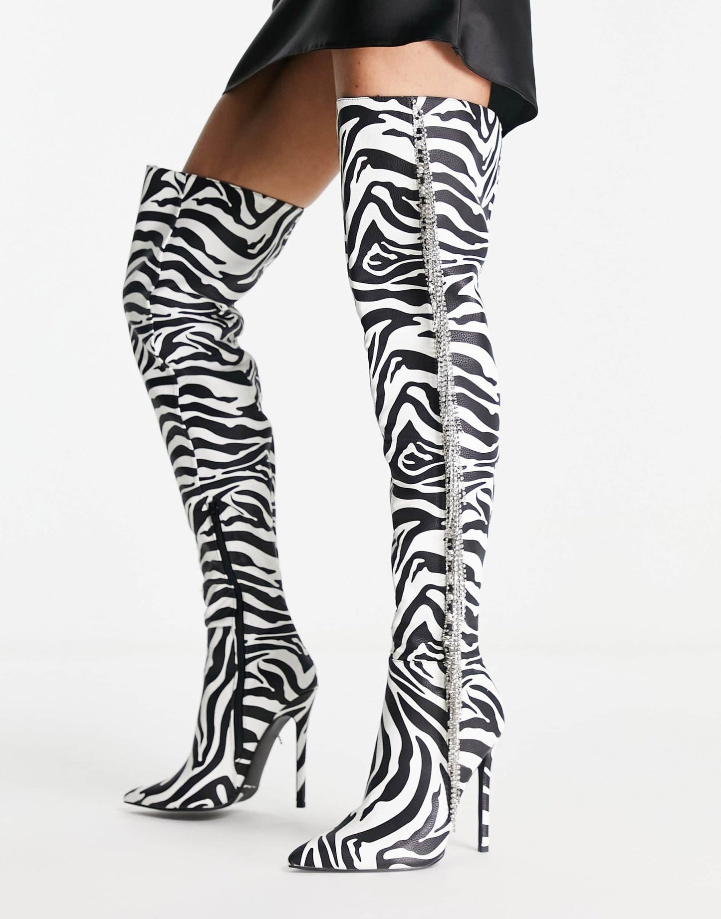ASOS DESIGN Kim embellished heeled over the knee boots in zebra - ASOS Sample Sale EU Store