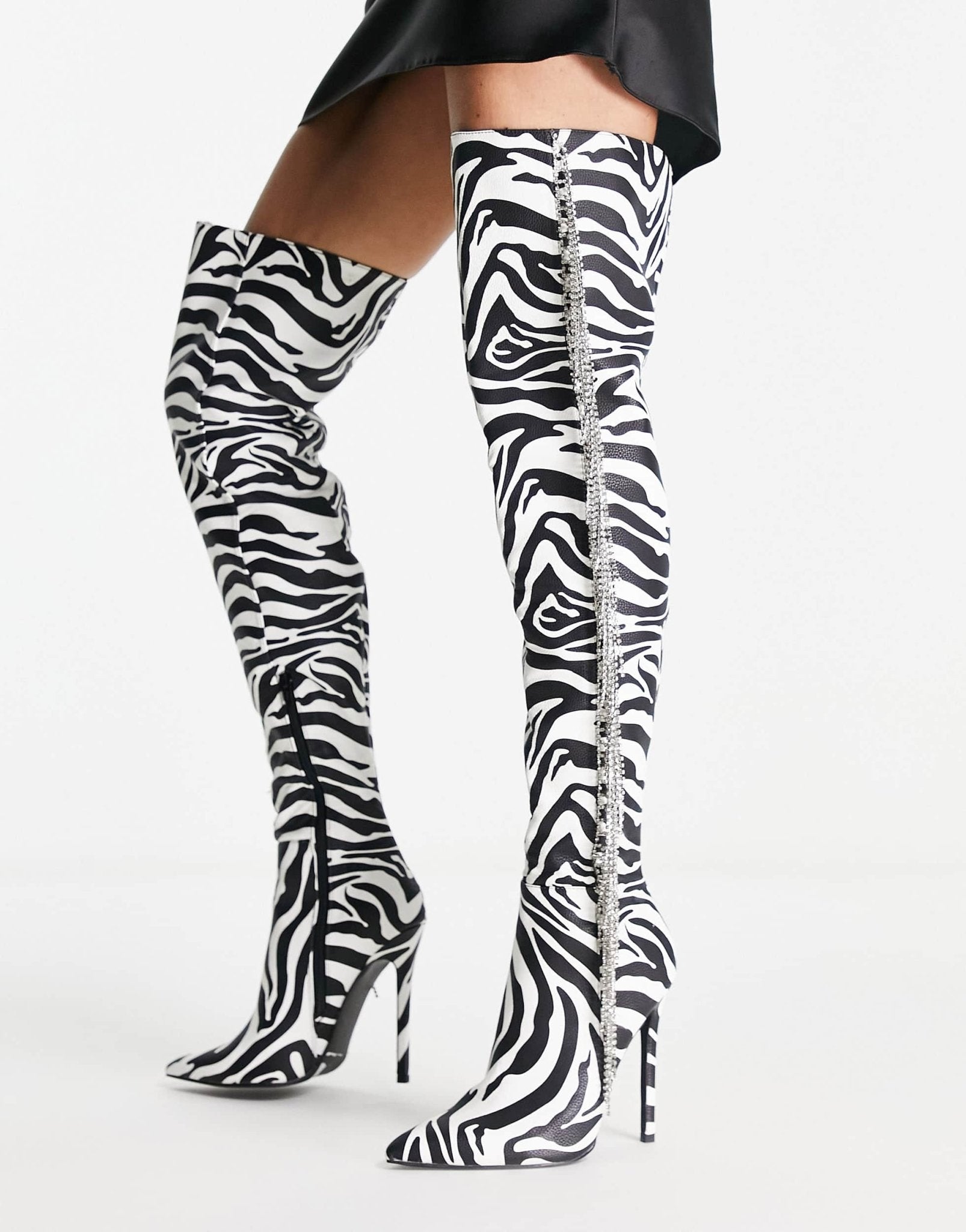 ASOS DESIGN Kim embellished heeled over the knee boots in zebra - ASOS Sample Sale EU Store