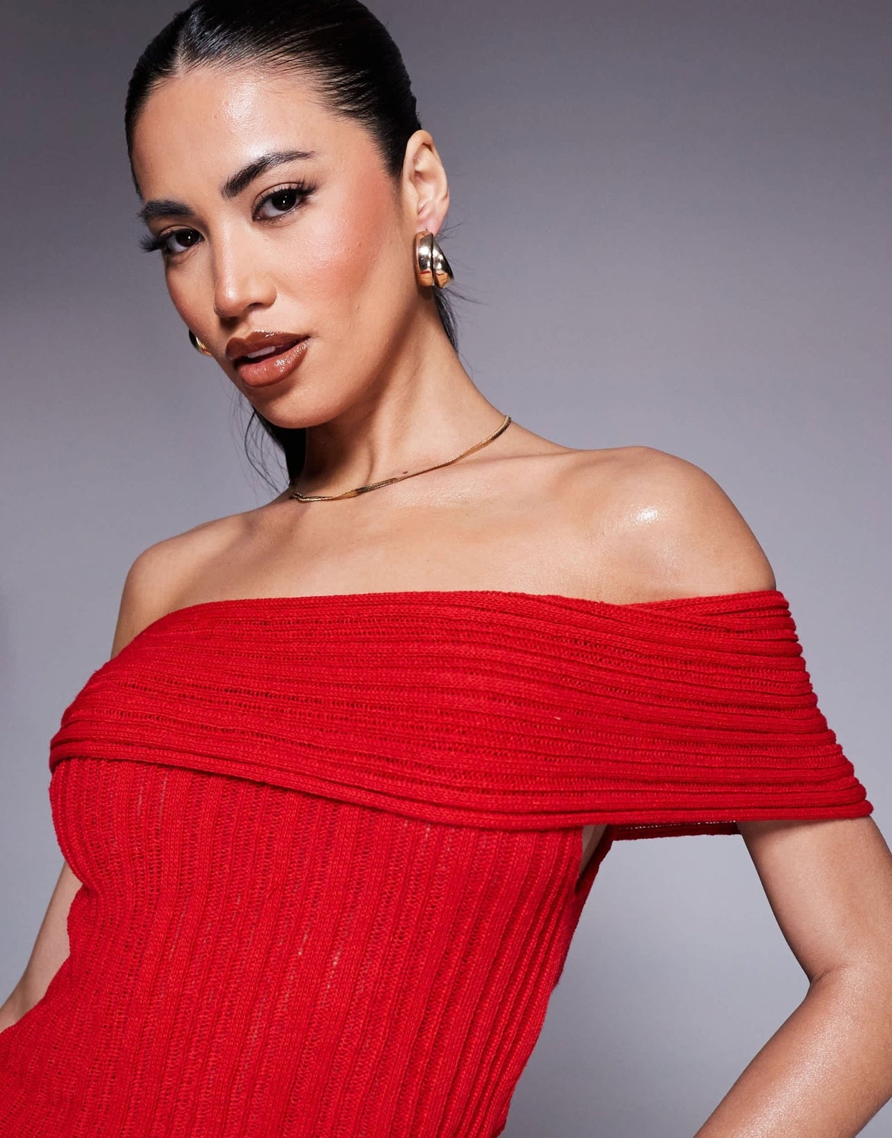 ASOS DESIGN knitted bardot rib off shoulder top in red - ASOS Sample Sale EU Store