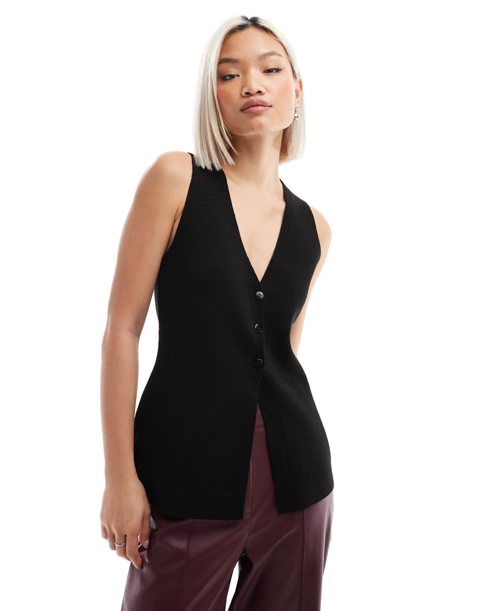 ASOS DESIGN knitted compact v neck waistcoat with split detail in black - ASOS Sample Sale EU Store