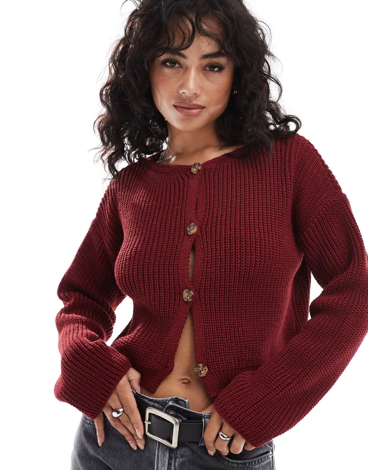 ASOS DESIGN knitted crew neck cardigan in burgundy - ASOS Sample Sale EU Store