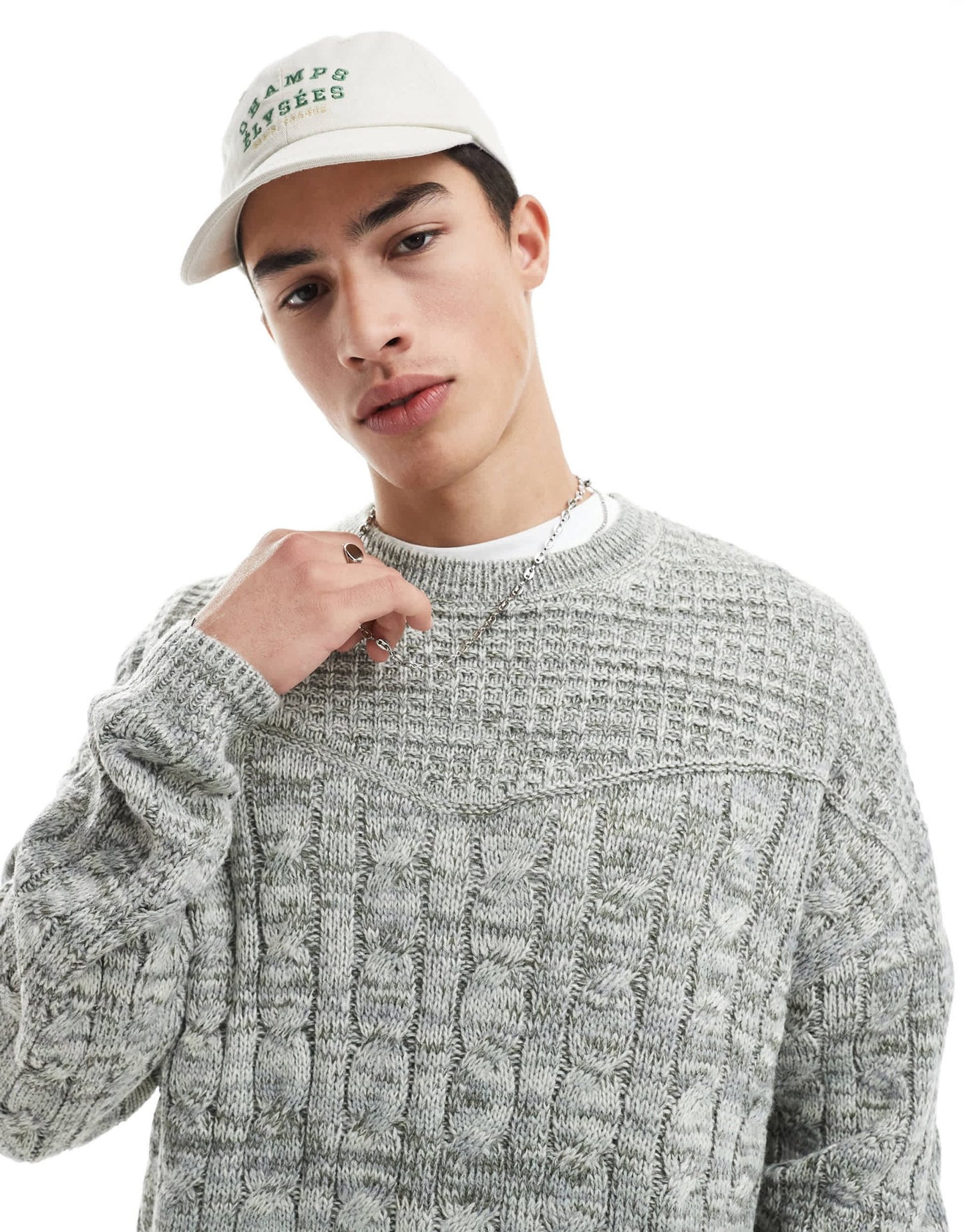 ASOS DESIGN knitted crew neck jumper with cable knit detail in khaki - ASOS Sample Sale EU Store