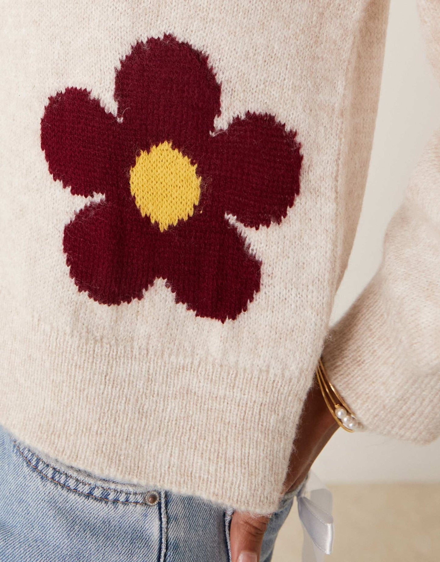 ASOS DESIGN knitted fluffy cardigan with flower design in ecru - ASOS Sample Sale EU Store