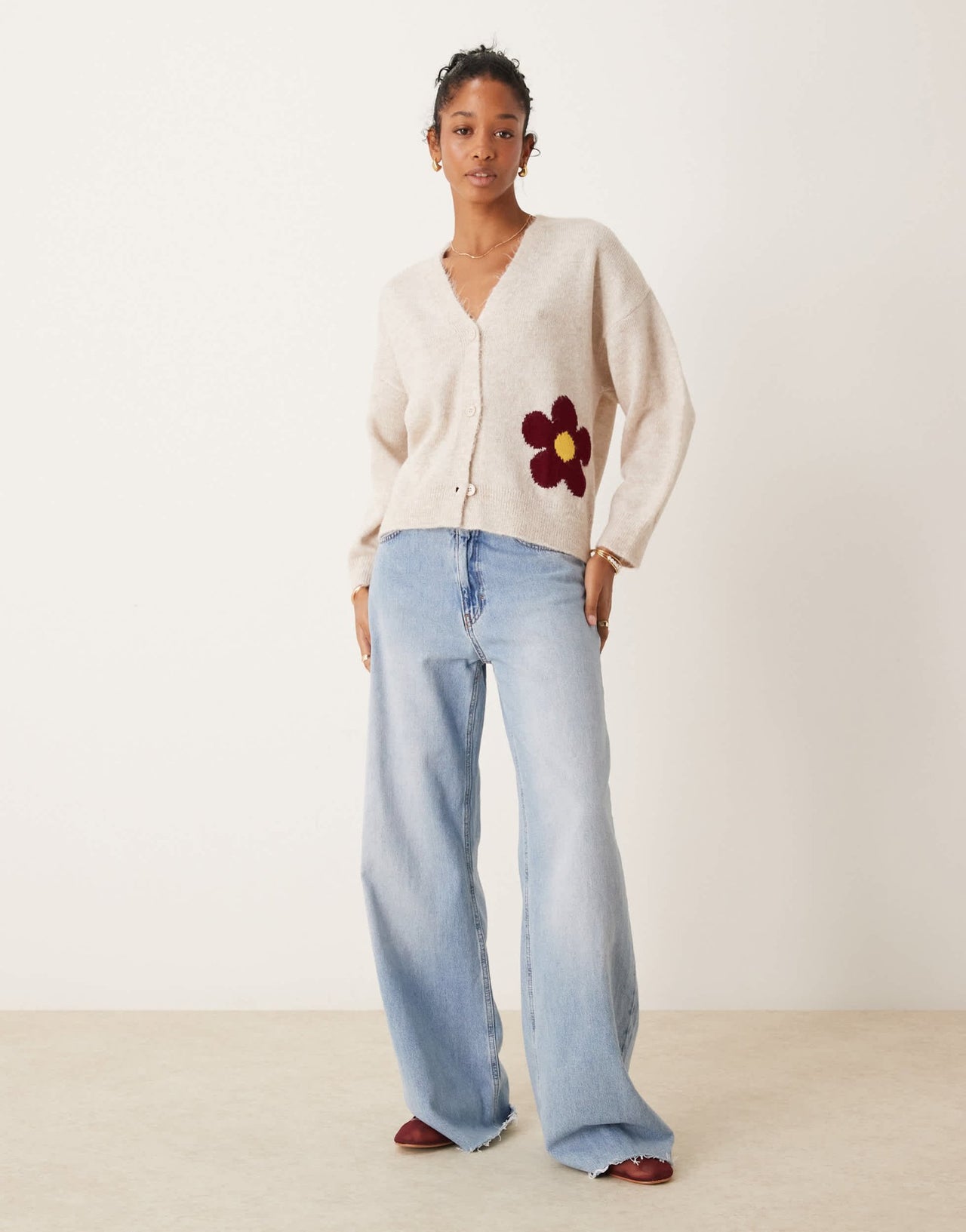 ASOS DESIGN knitted fluffy cardigan with flower design in ecru - ASOS Sample Sale EU Store