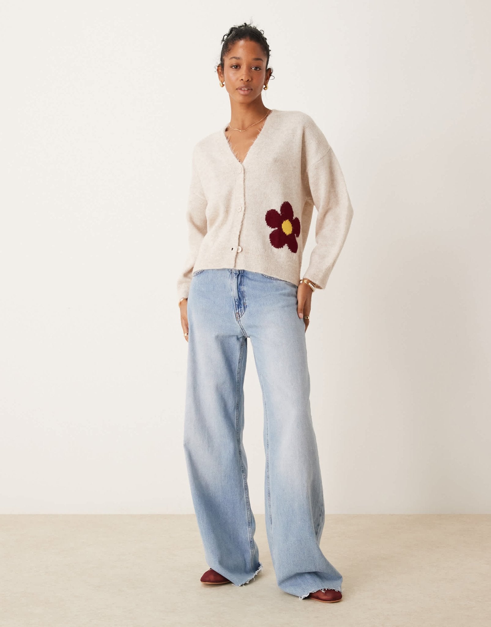 ASOS DESIGN knitted fluffy cardigan with flower design in ecru - ASOS Sample Sale EU Store