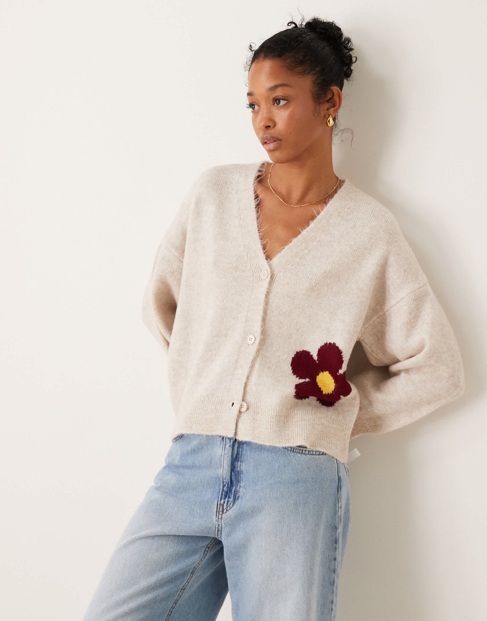 ASOS DESIGN knitted fluffy cardigan with flower design in ecru - ASOS Sample Sale EU Store