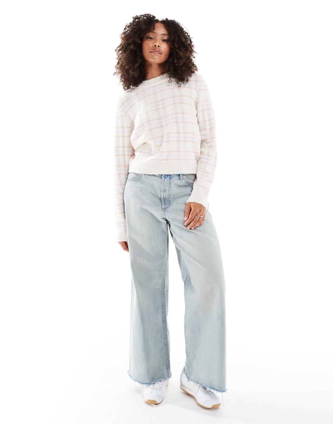 ASOS DESIGN knitted fluffy checked jumper in ecru - ASOS Sample Sale EU Store
