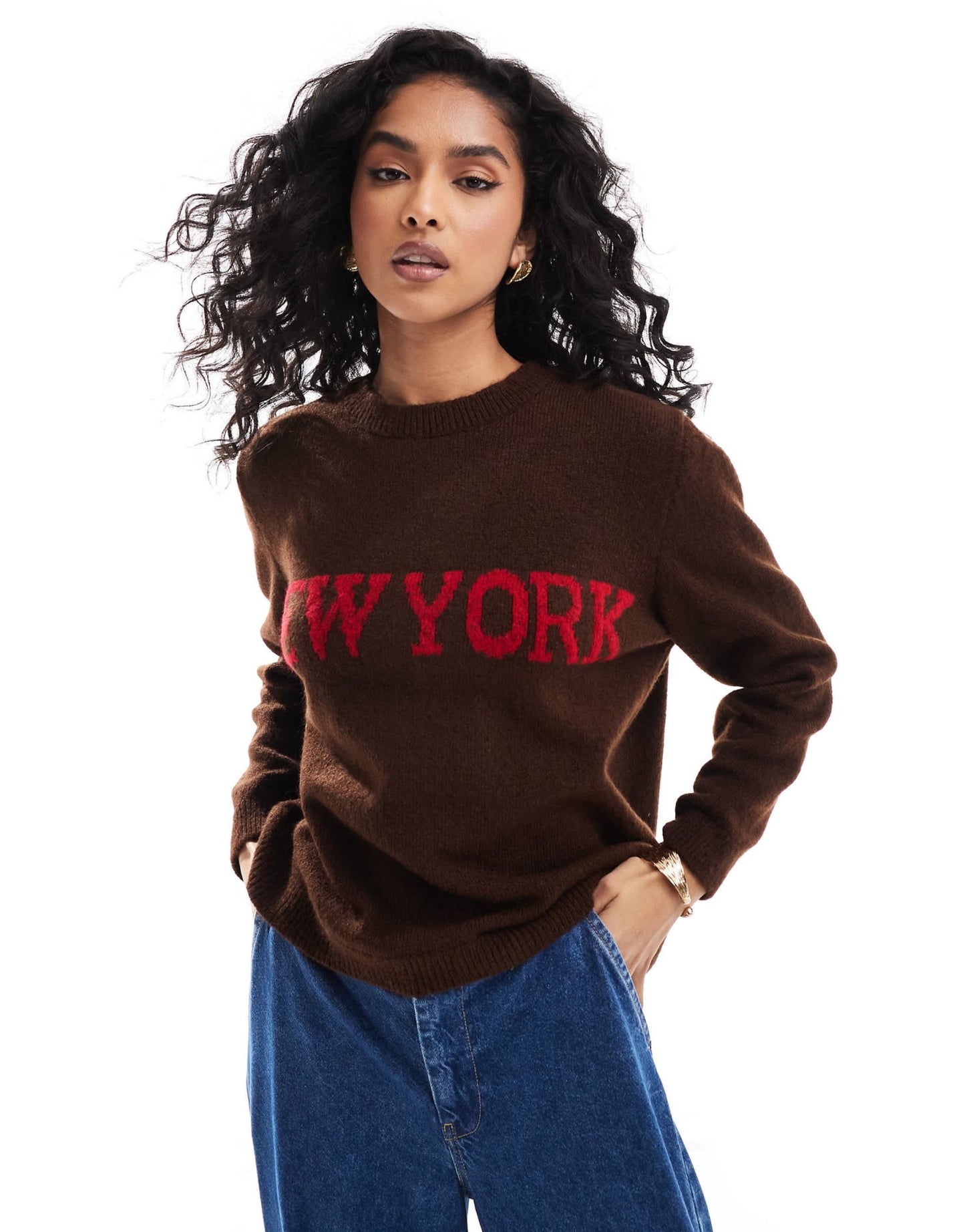ASOS DESIGN knitted jumper with New York graphic in chocolate brown - ASOS Sample Sale EU Store