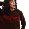 ASOS DESIGN knitted jumper with New York graphic in chocolate brown