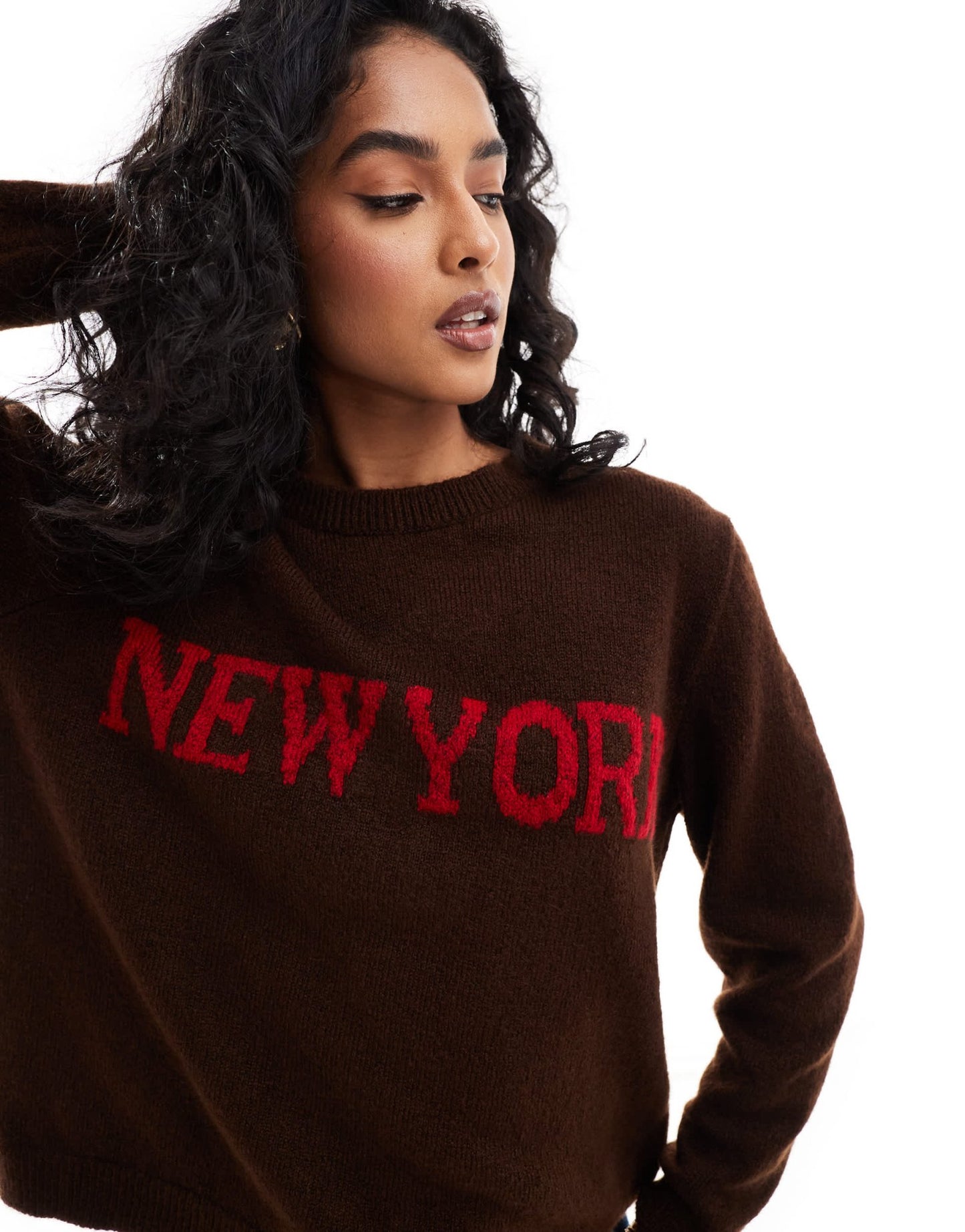 ASOS DESIGN knitted jumper with New York graphic in chocolate brown - ASOS Sample Sale EU Store