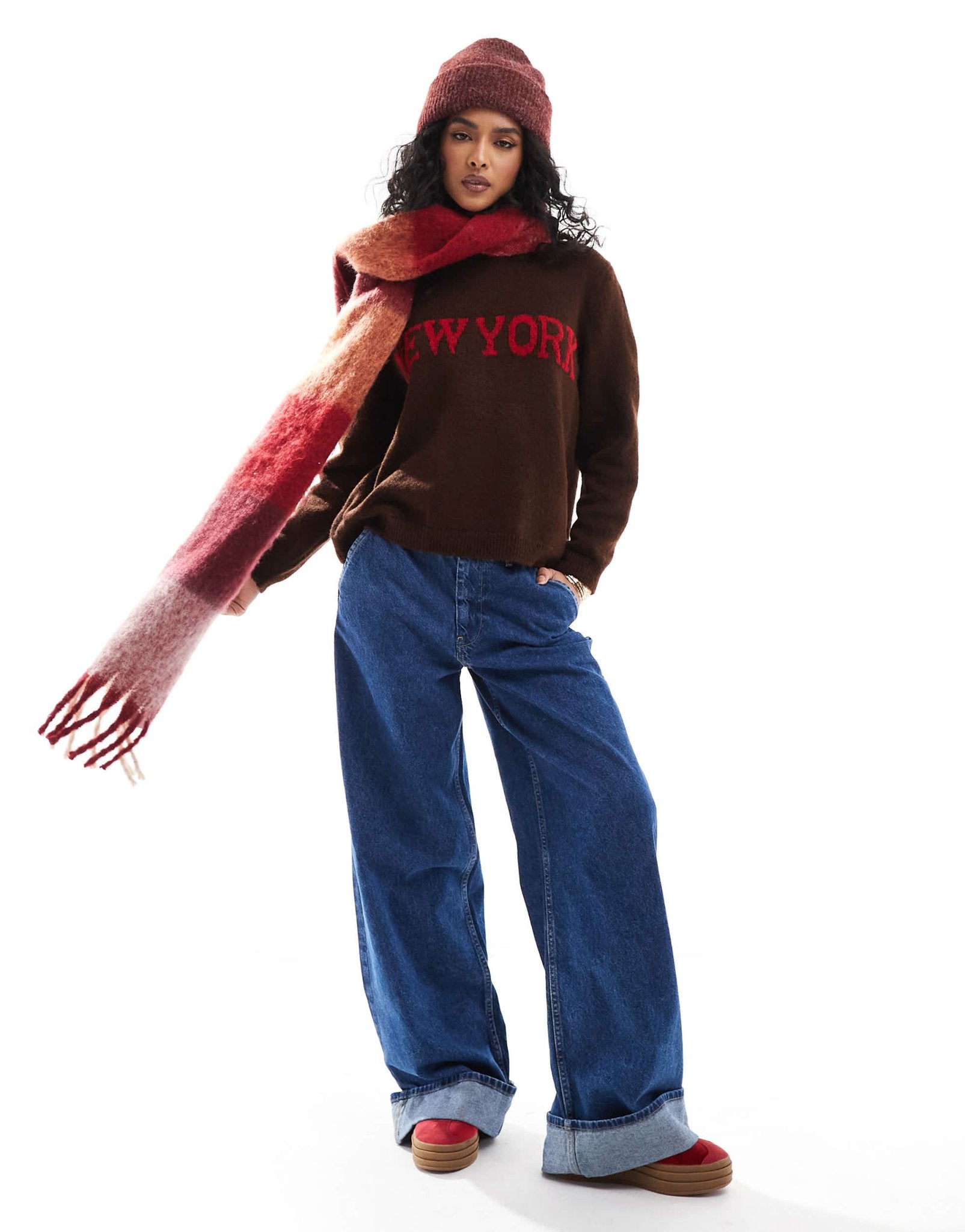ASOS DESIGN knitted jumper with New York graphic in chocolate brown - ASOS Sample Sale EU Store