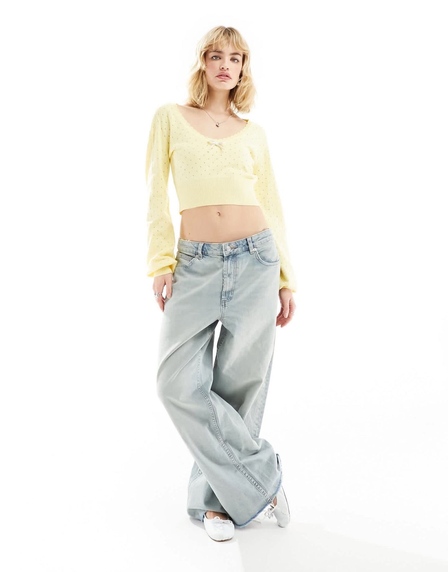 ASOS DESIGN knitted long sleeve top in pointelle stitch with contrast bow detail in lemon - ASOS Sample Sale EU Store