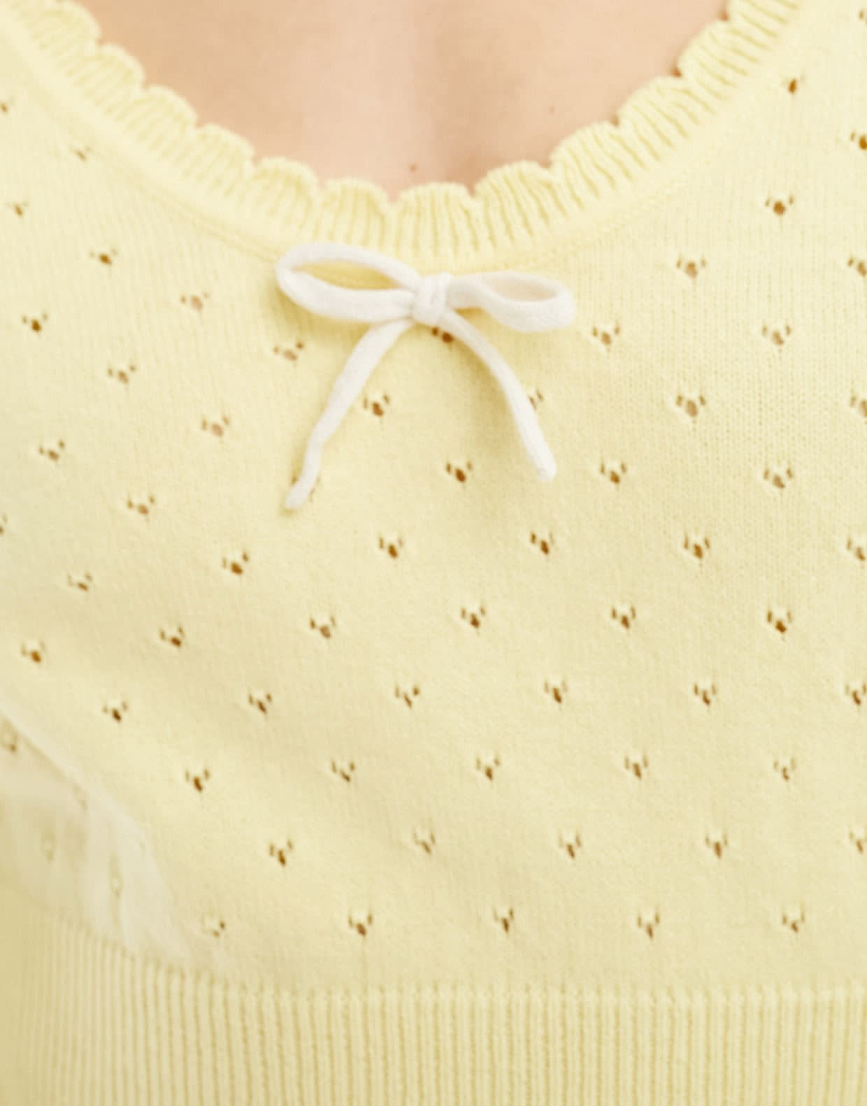 ASOS DESIGN knitted long sleeve top in pointelle stitch with contrast bow detail in lemon - ASOS Sample Sale EU Store