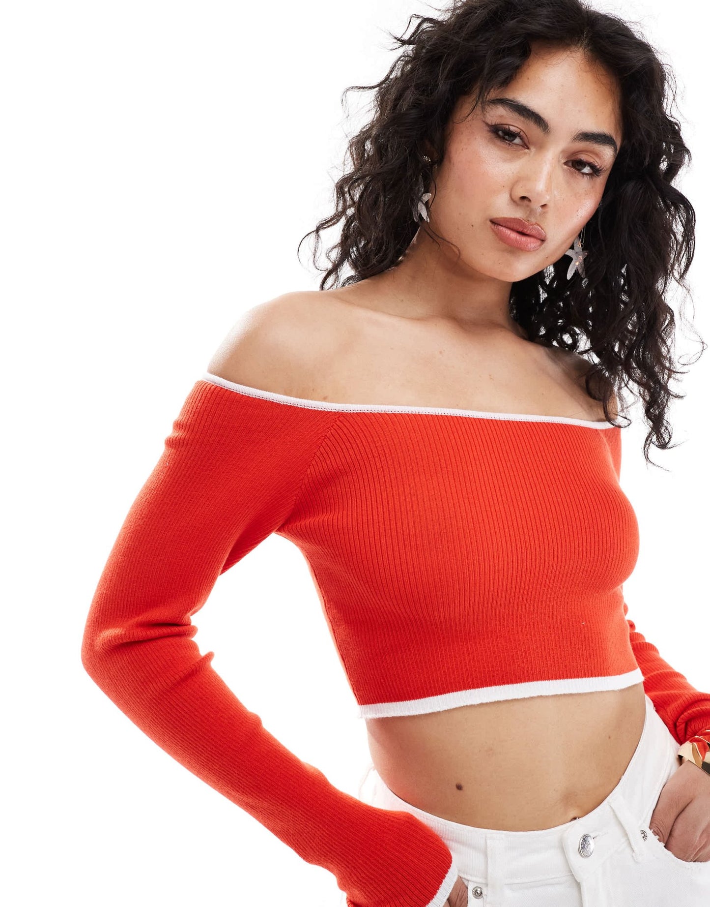 ASOS DESIGN knitted off shoulder bardot top in red - ASOS Sample Sale EU Store