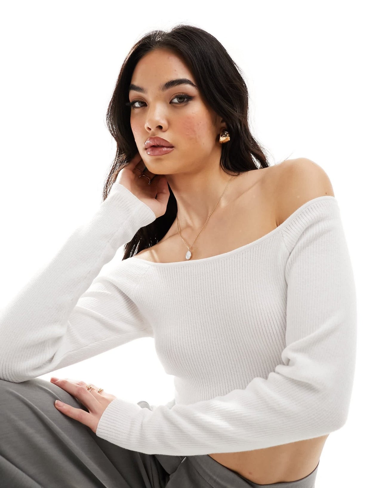 ASOS DESIGN knitted off shoulder bardot top in white - ASOS Sample Sale EU Store