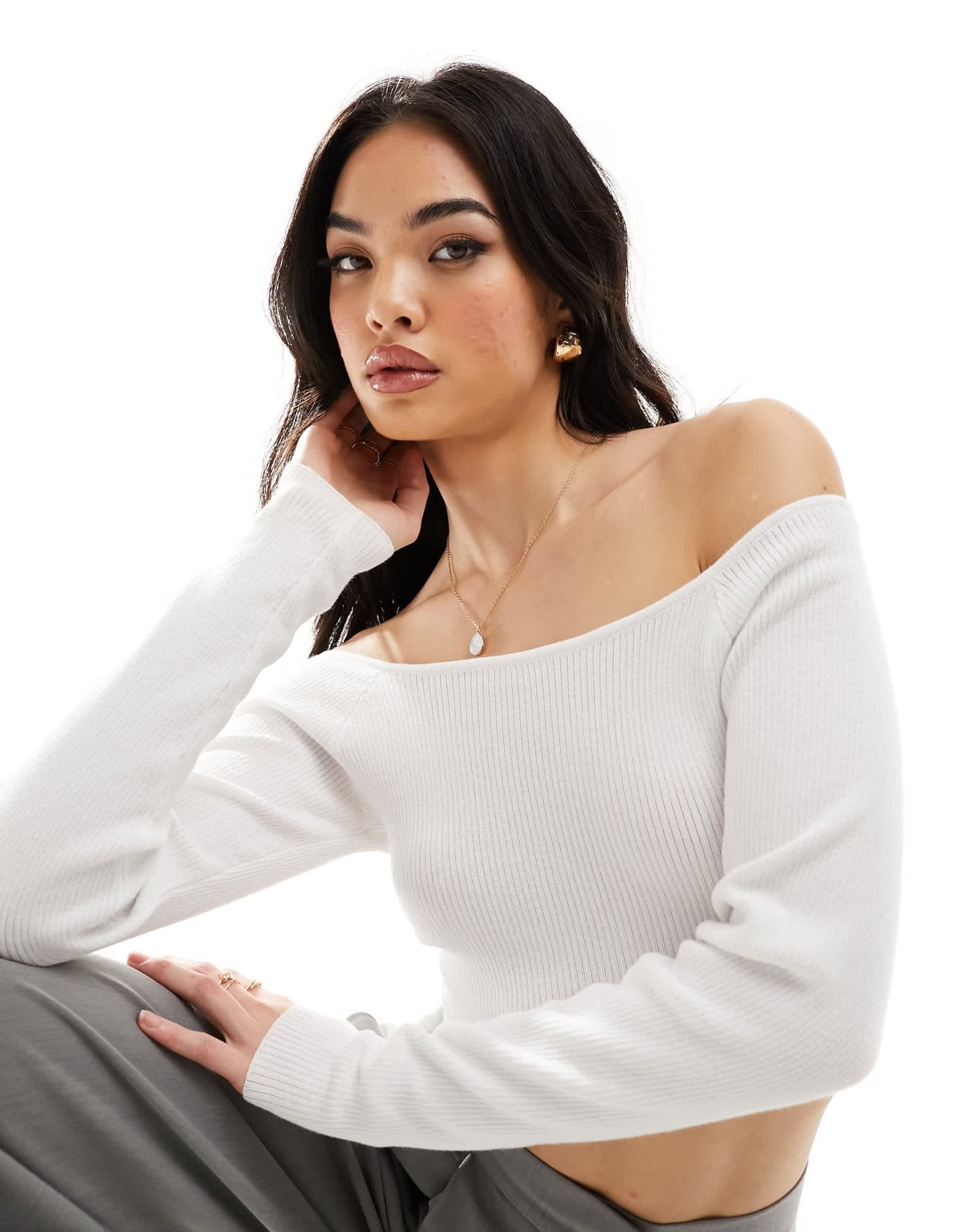 ASOS DESIGN knitted off shoulder bardot top in white - ASOS Sample Sale EU Store