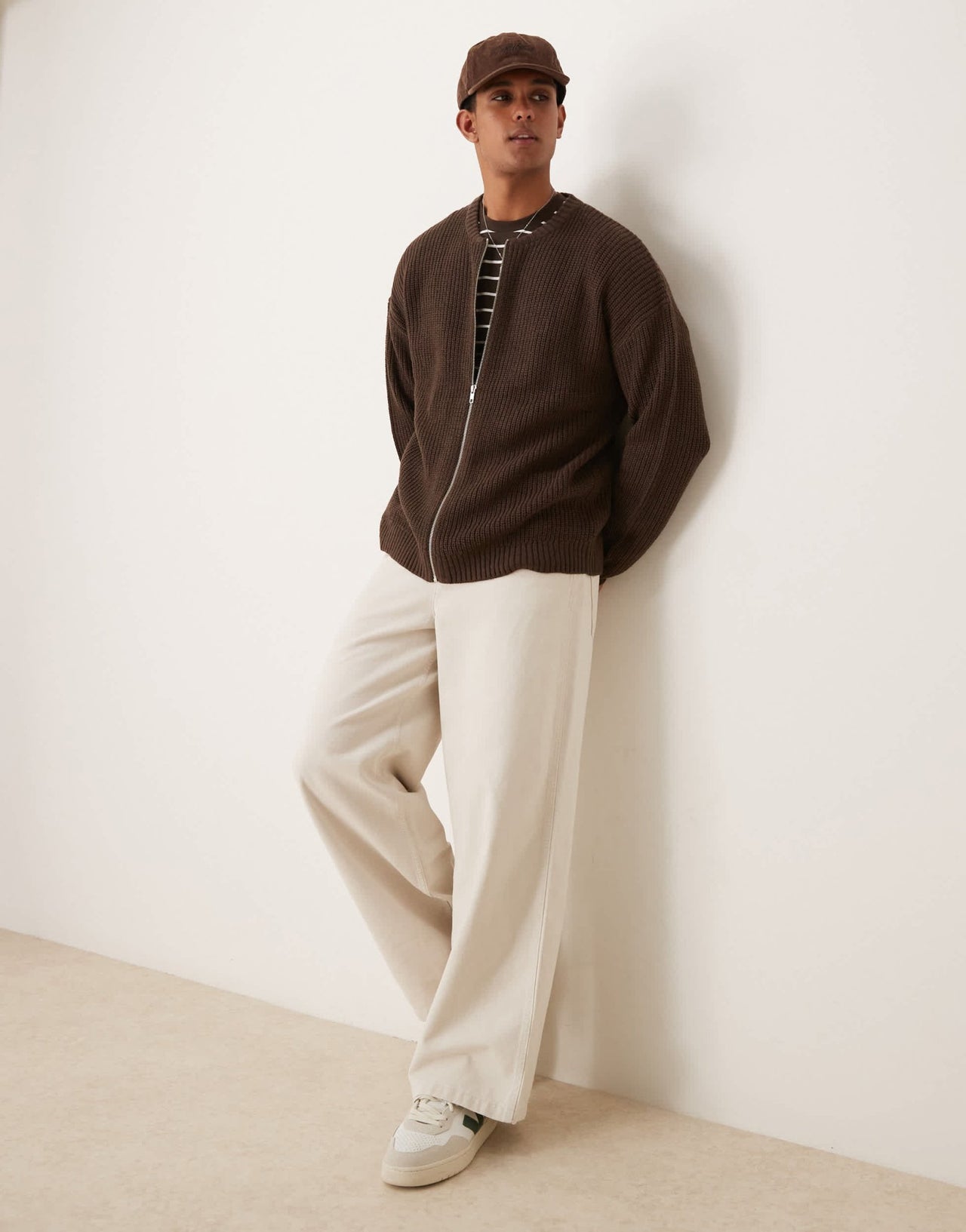 ASOS DESIGN knitted relaxed fisherman rib zip up bomber in brown - ASOS Sample Sale EU Store
