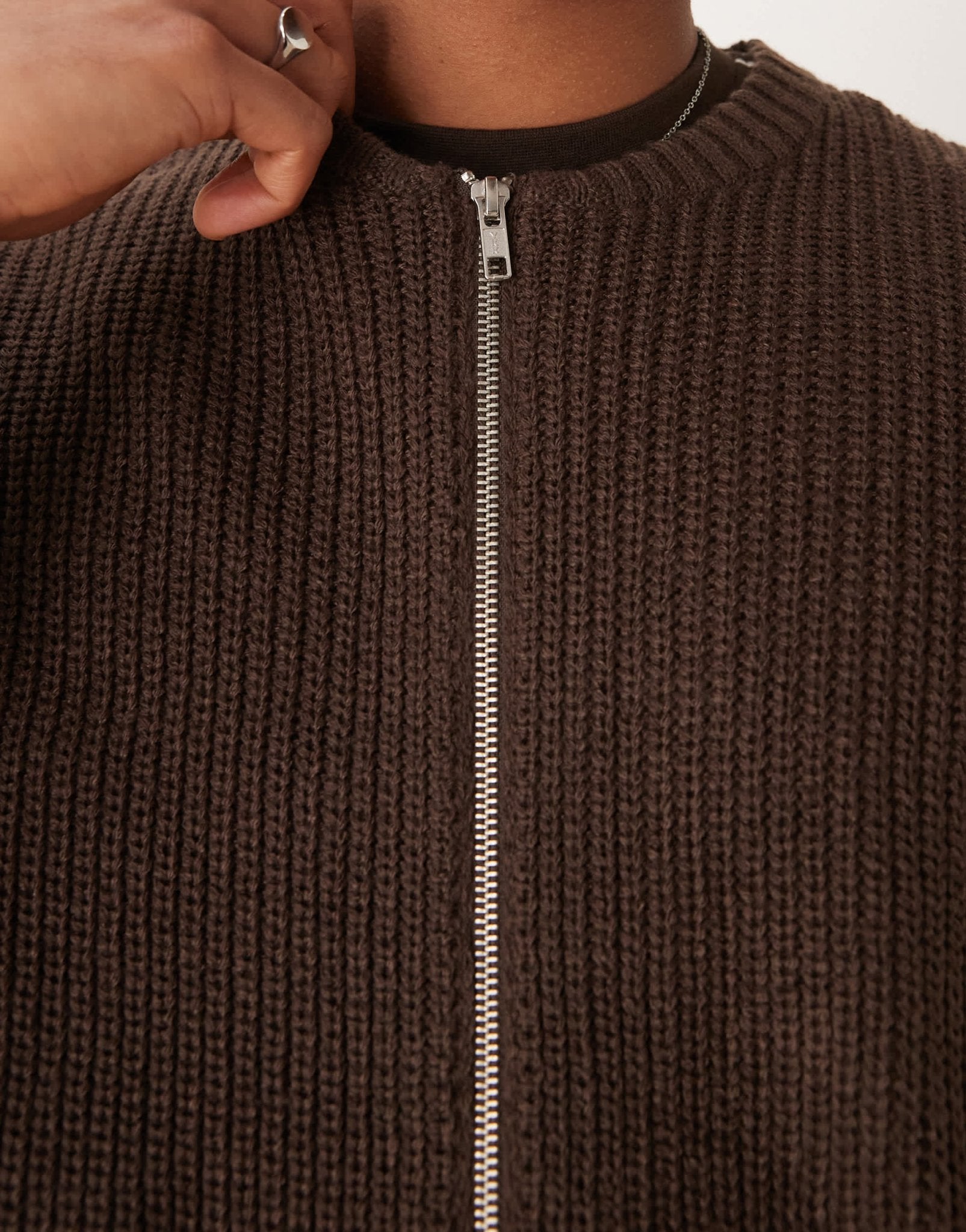 ASOS DESIGN knitted relaxed fisherman rib zip up bomber in brown - ASOS Sample Sale EU Store