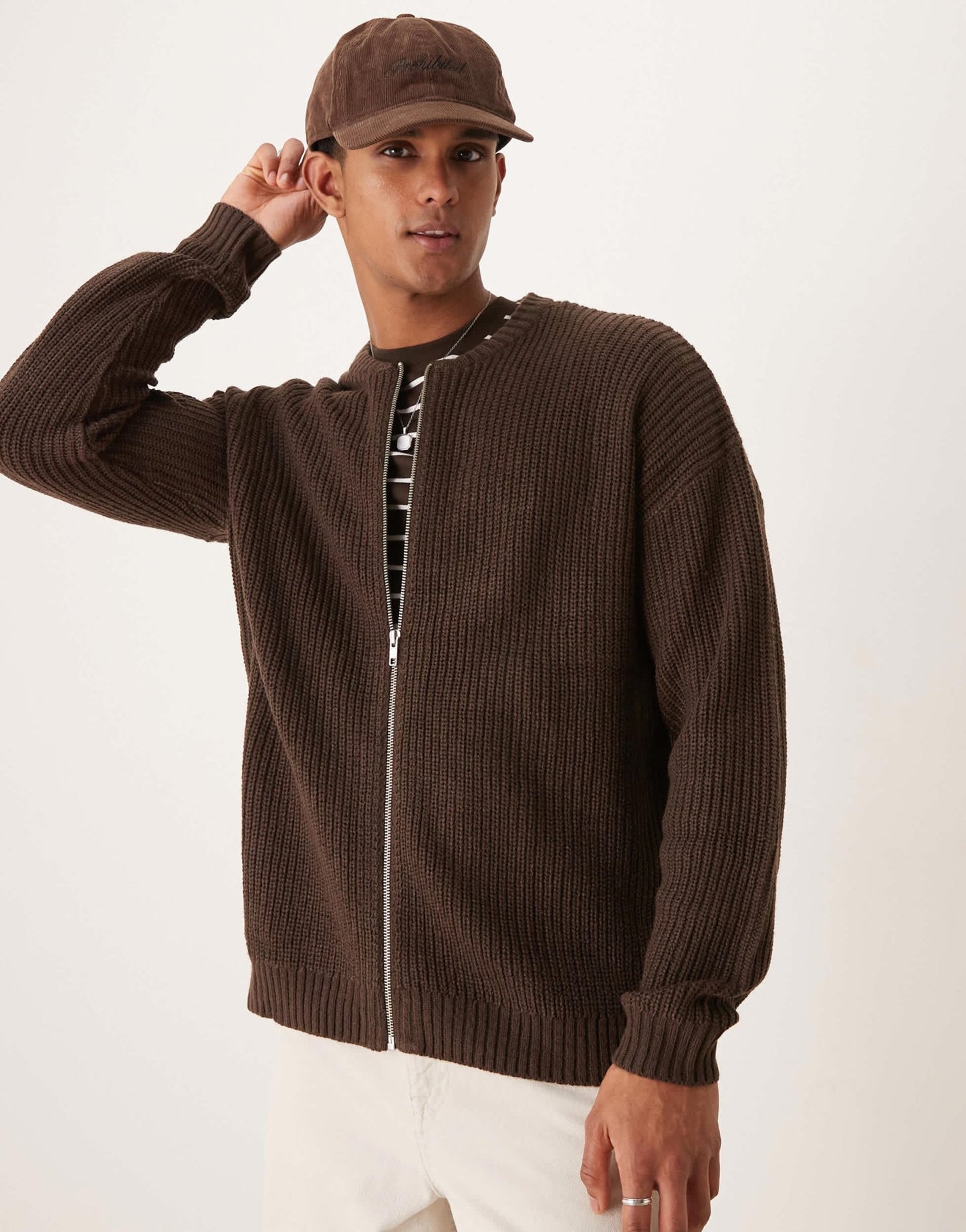 ASOS DESIGN knitted relaxed fisherman rib zip up bomber in brown - ASOS Sample Sale EU Store