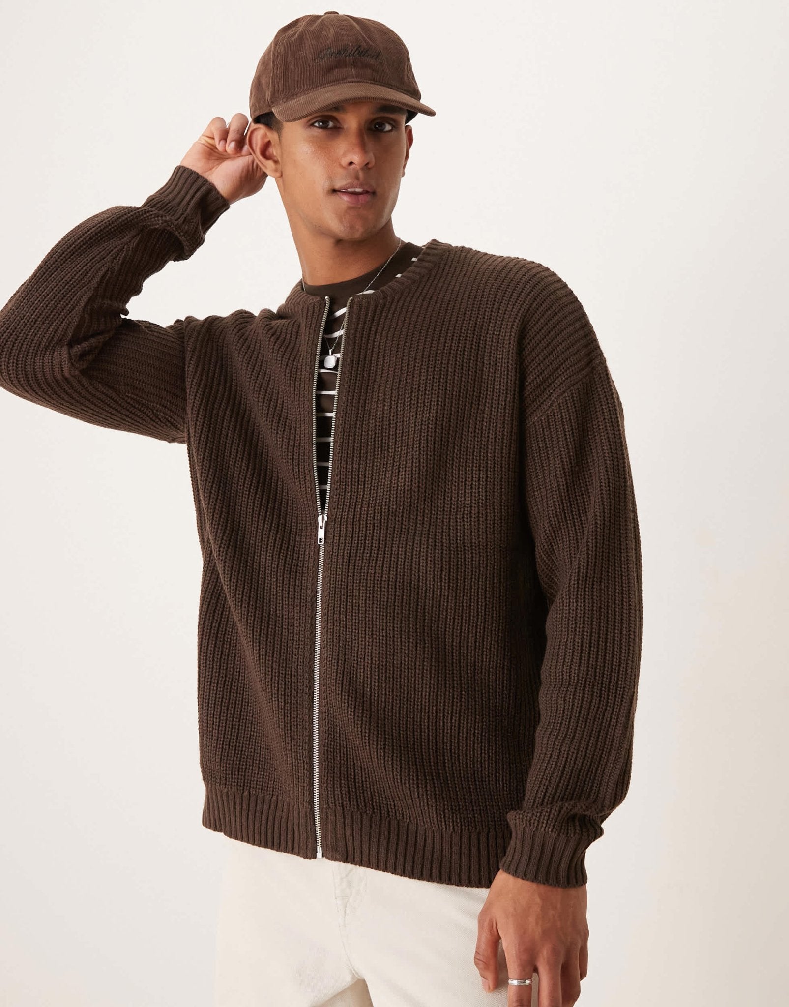 ASOS DESIGN knitted relaxed fisherman rib zip up bomber in brown - ASOS Sample Sale EU Store