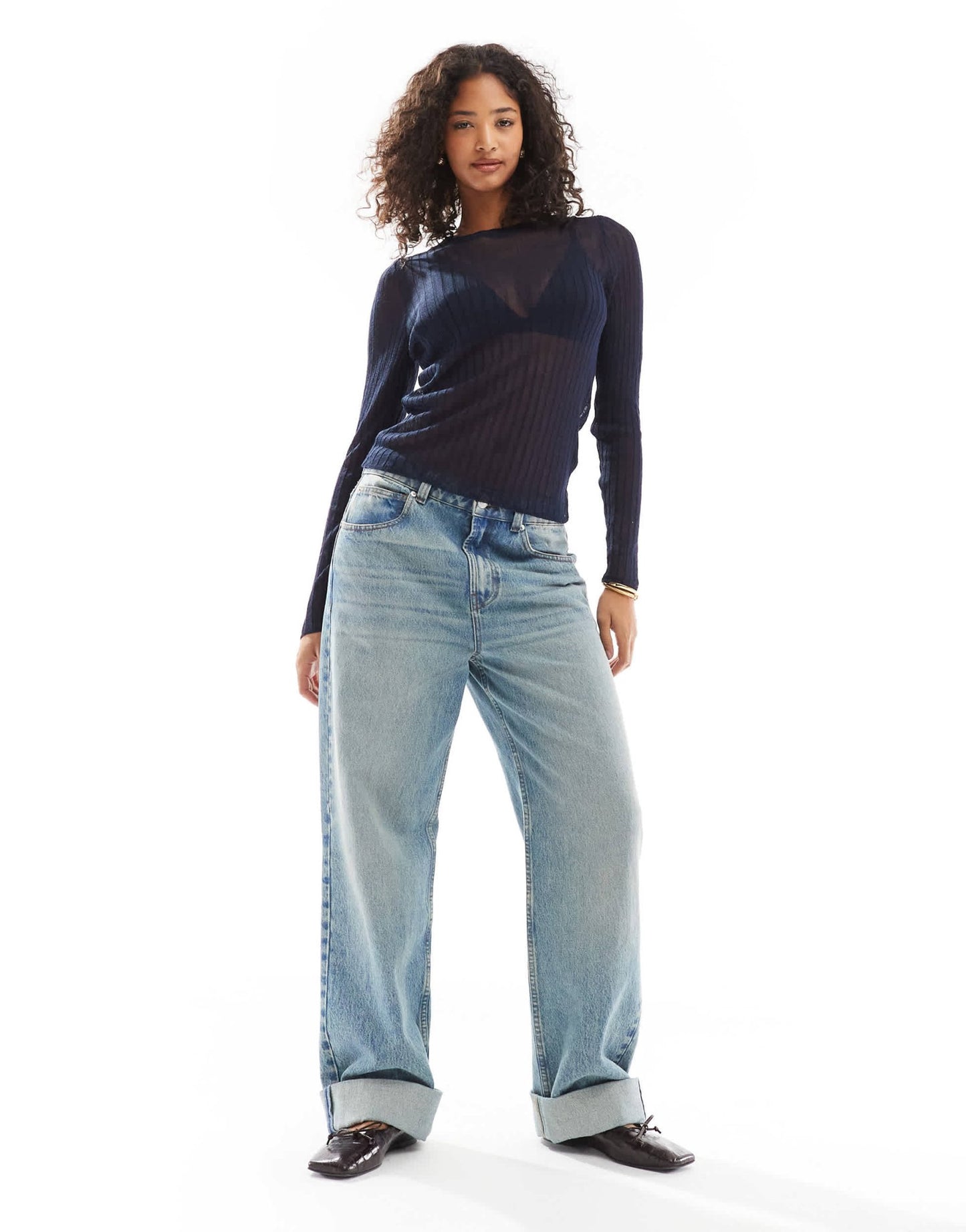 ASOS DESIGN knitted sheer crew neck top in navy - ASOS Sample Sale EU Store