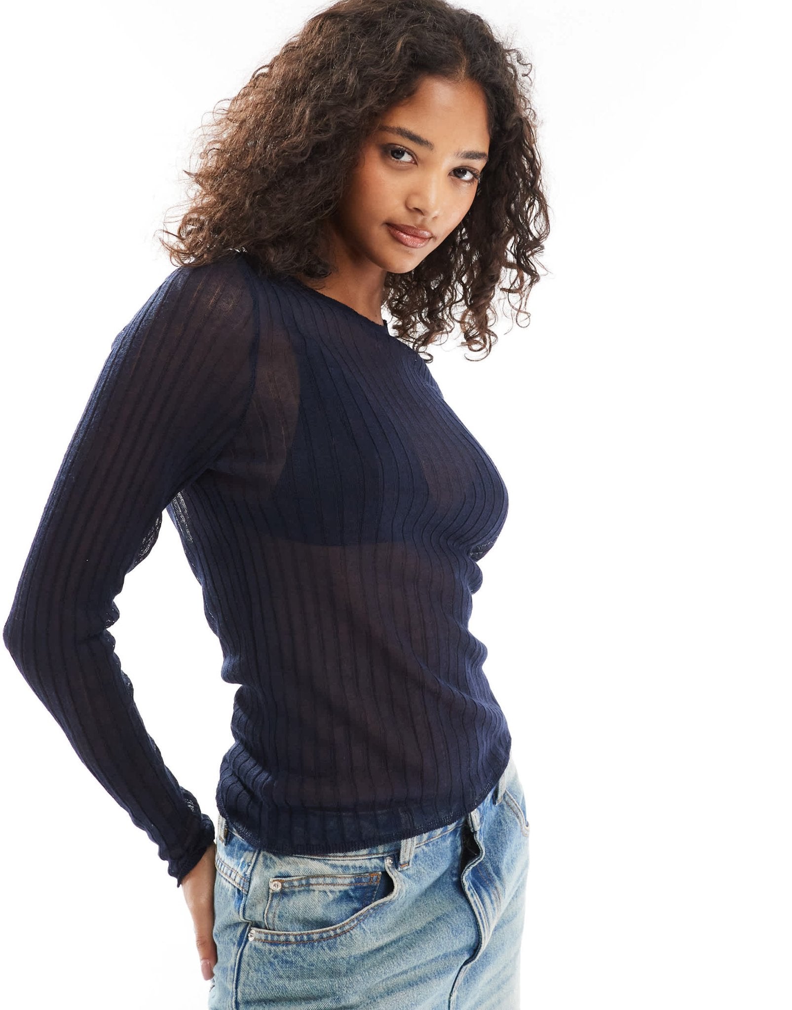 ASOS DESIGN knitted sheer crew neck top in navy - ASOS Sample Sale EU Store