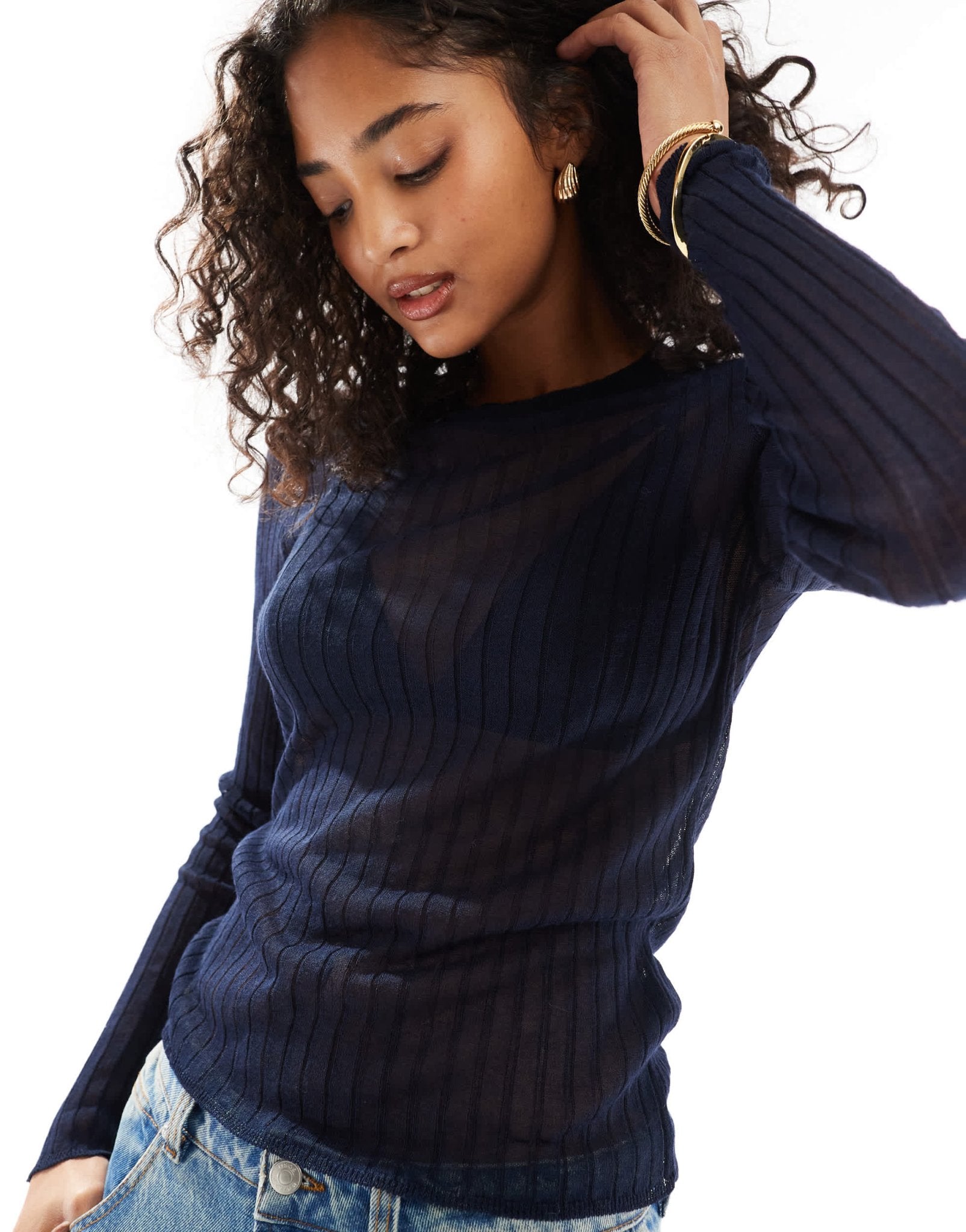 ASOS DESIGN knitted sheer crew neck top in navy - ASOS Sample Sale EU Store