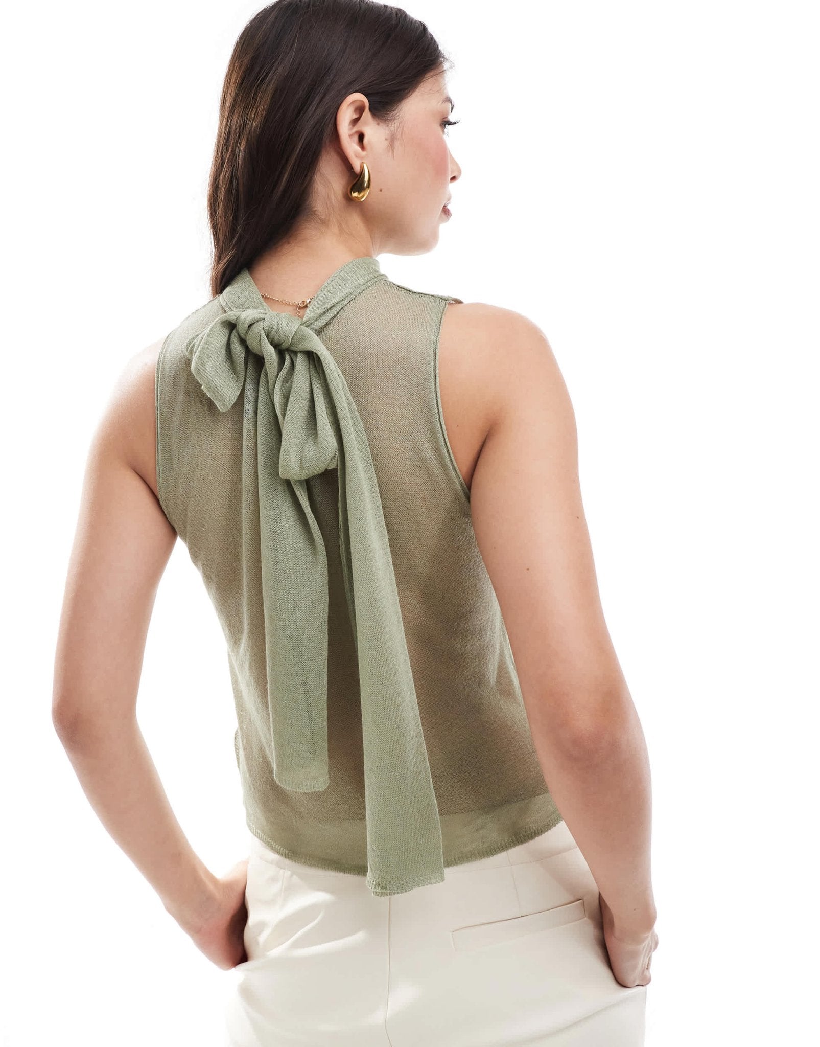 ASOS DESIGN knitted sheer neck top with tie detail in sage - ASOS Sample Sale EU Store