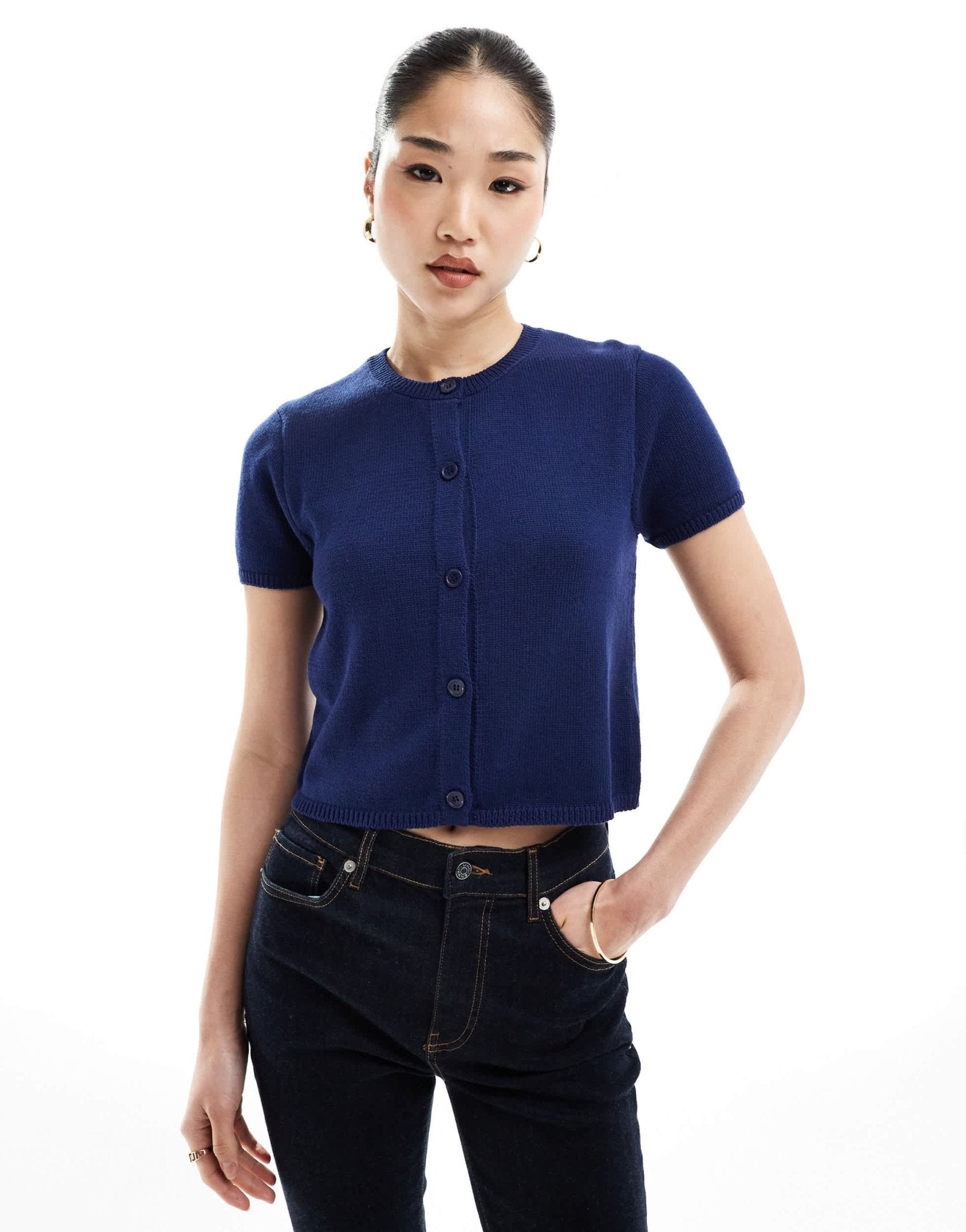 ASOS DESIGN knitted short sleeve cardigan in navy - ASOS Sample Sale EU Store