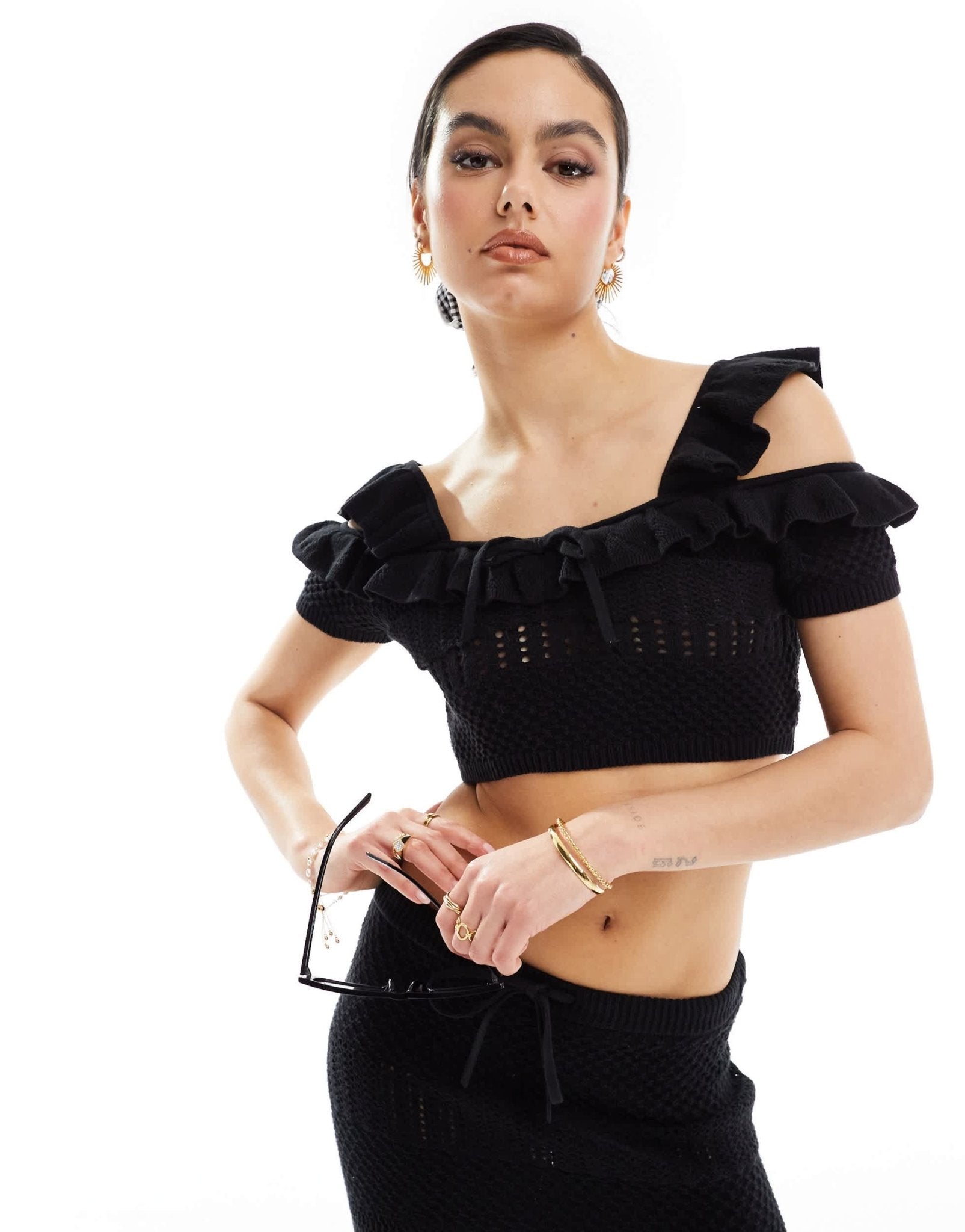 ASOS DESIGN knitted stitch cami top with tie detail co - ord in black - ASOS Sample Sale EU Store