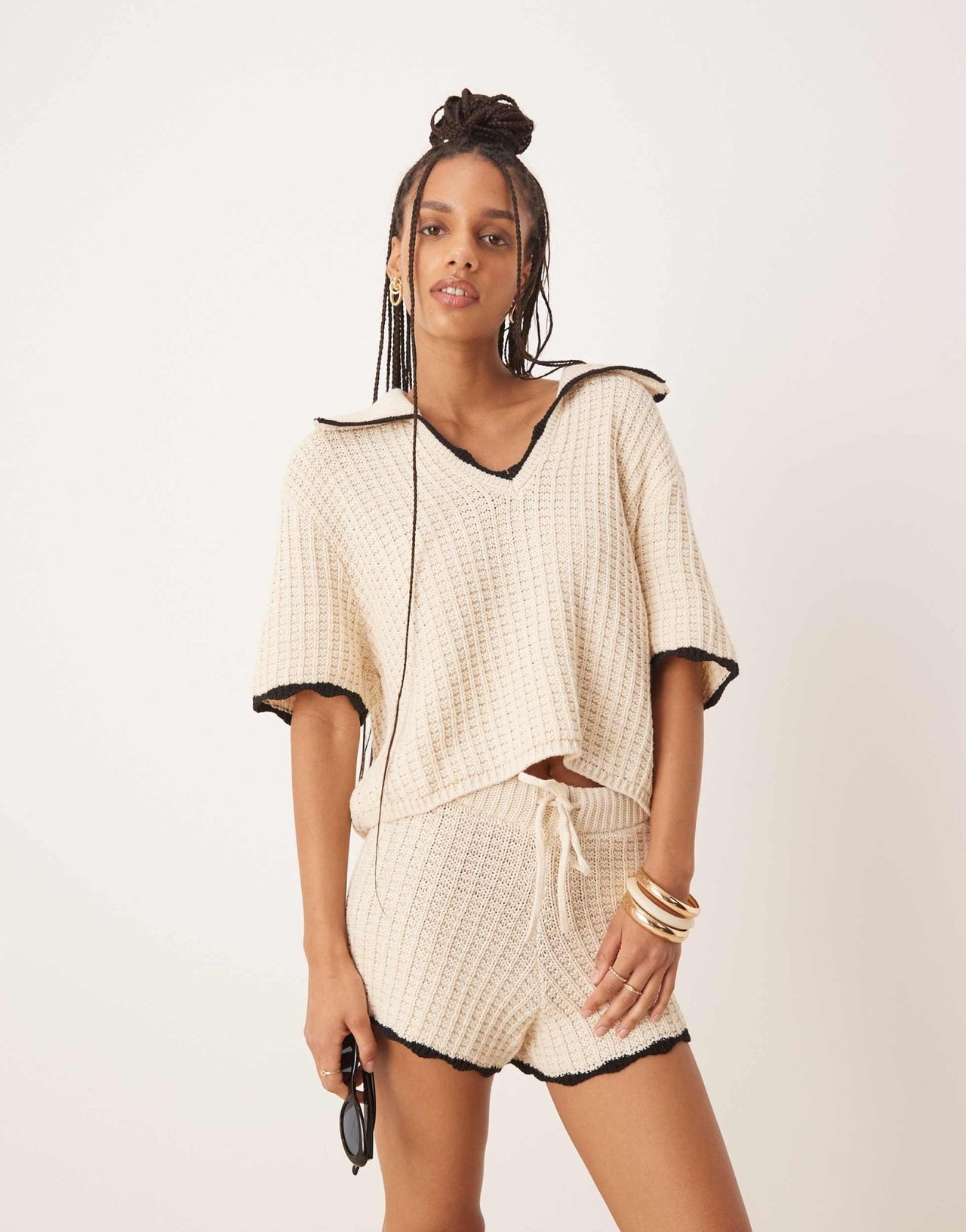 ASOS DESIGN knitted stitch short with tipping detail co - ord in stone - ASOS Sample Sale EU Store