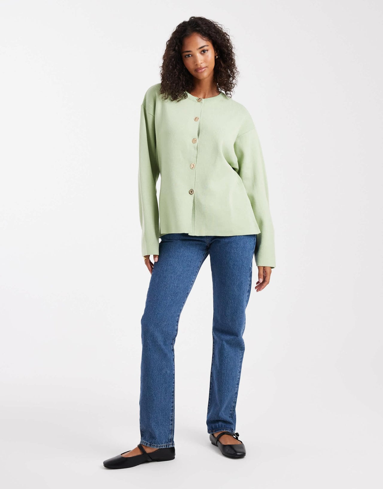 ASOS DESIGN knitted structured crew neck cardigan with gold buttons in sage green - ASOS Sample Sale EU Store