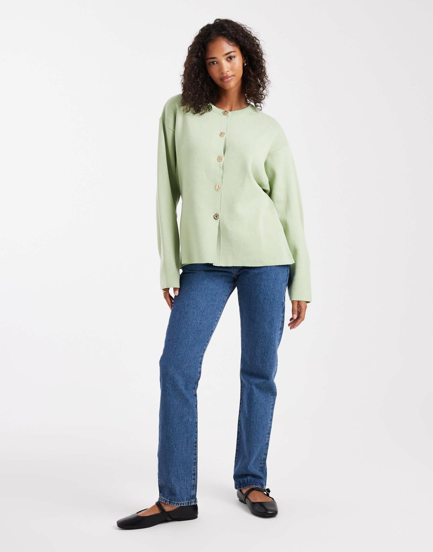 ASOS DESIGN knitted structured crew neck cardigan with gold buttons in sage green - ASOS Sample Sale EU Store