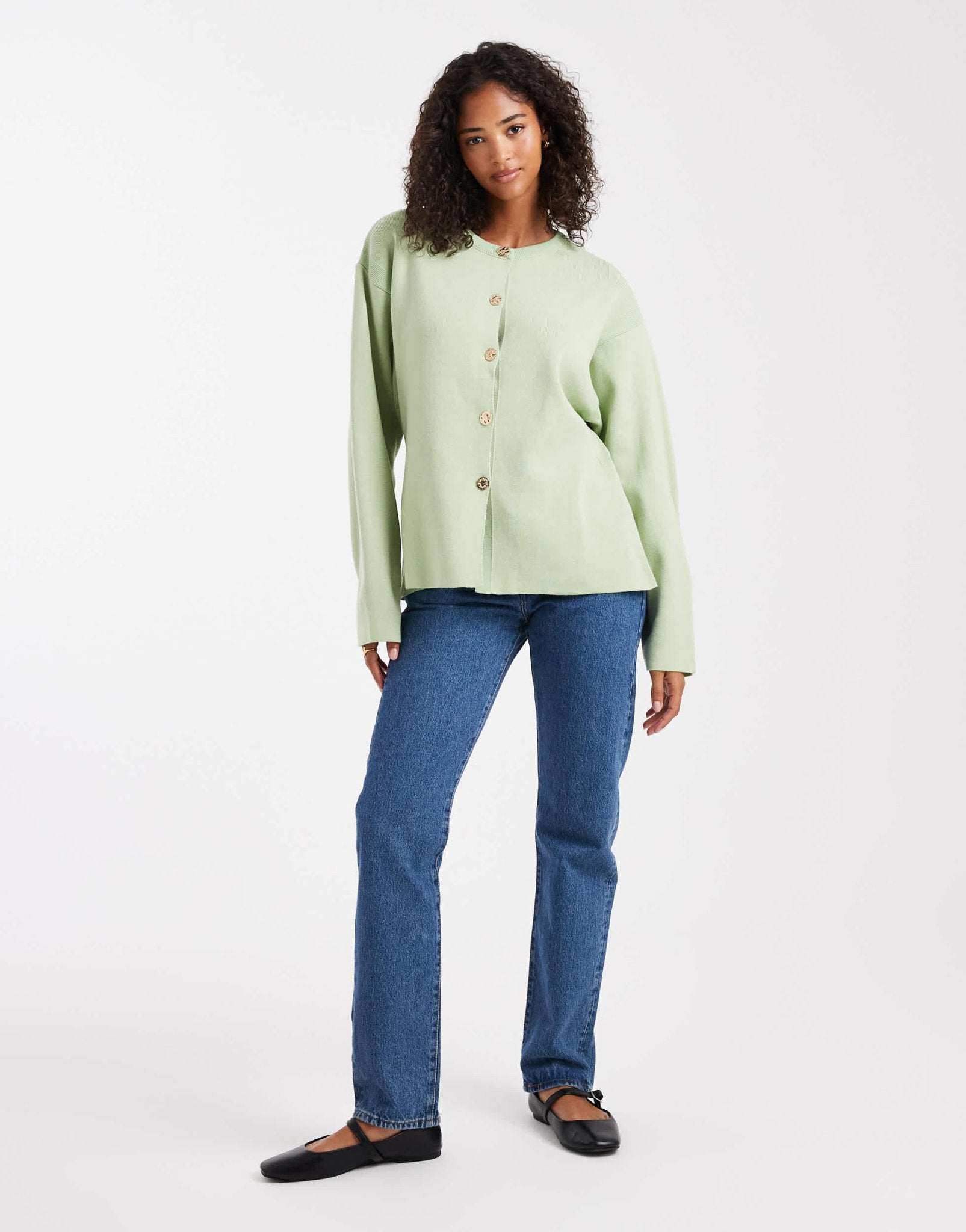 ASOS DESIGN knitted structured crew neck cardigan with gold buttons in sage green - ASOS Sample Sale EU Store