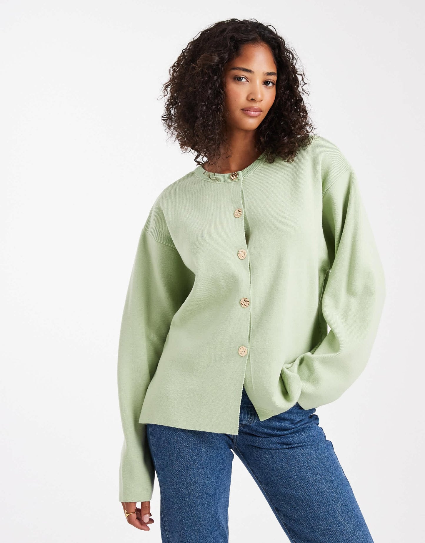 ASOS DESIGN knitted structured crew neck cardigan with gold buttons in sage green - ASOS Sample Sale EU Store