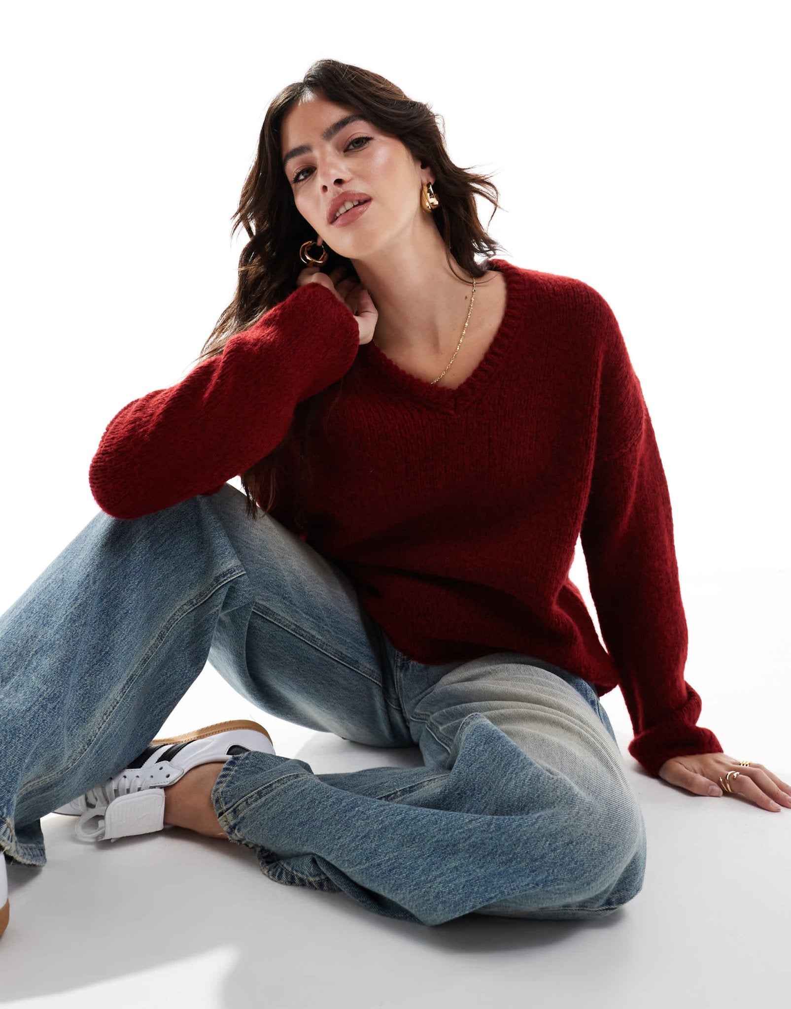 ASOS DESIGN knitted v neck jumper in burgundy - ASOS Sample Sale EU Store