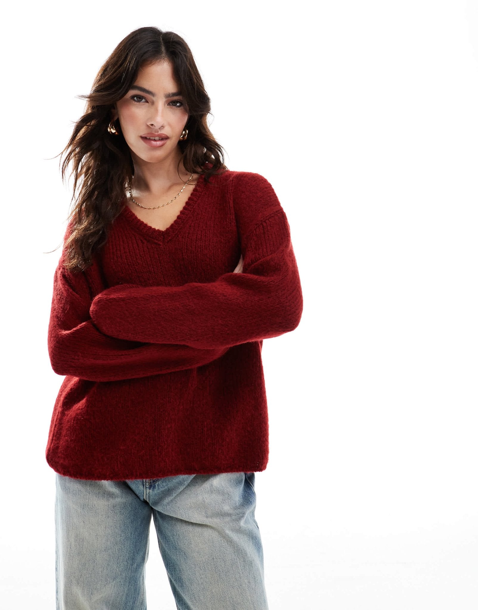ASOS DESIGN knitted v neck jumper in burgundy - ASOS Sample Sale EU Store