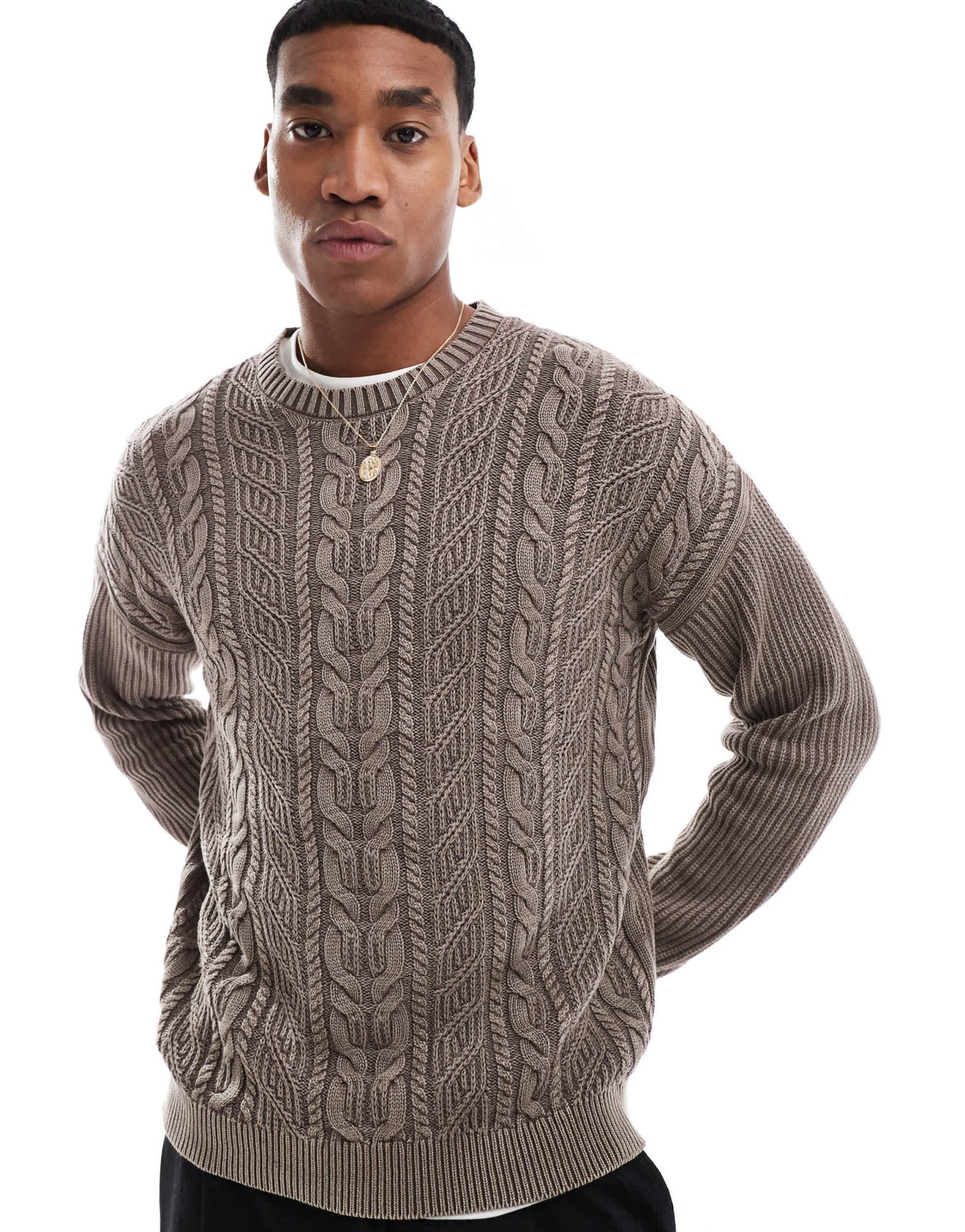 ASOS DESIGN knitted washed relaxed cable jumper in brown - ASOS Sample Sale EU Store